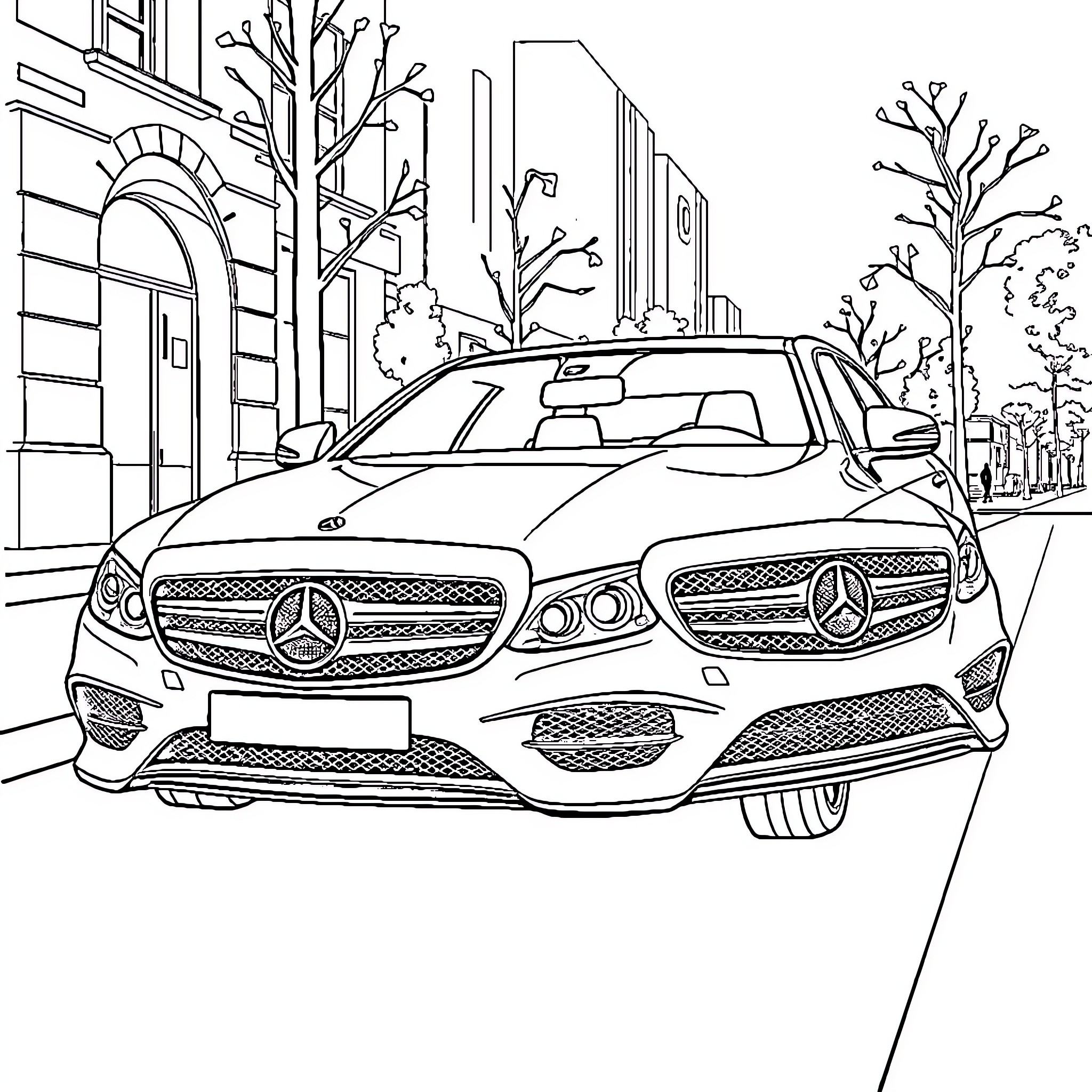 Mercedes Luxury Car on City Street Coloring Page (free black-and-white line drawing printable PDF for all, from beginners to advanced learners, including children, teens, adults, and seniors)