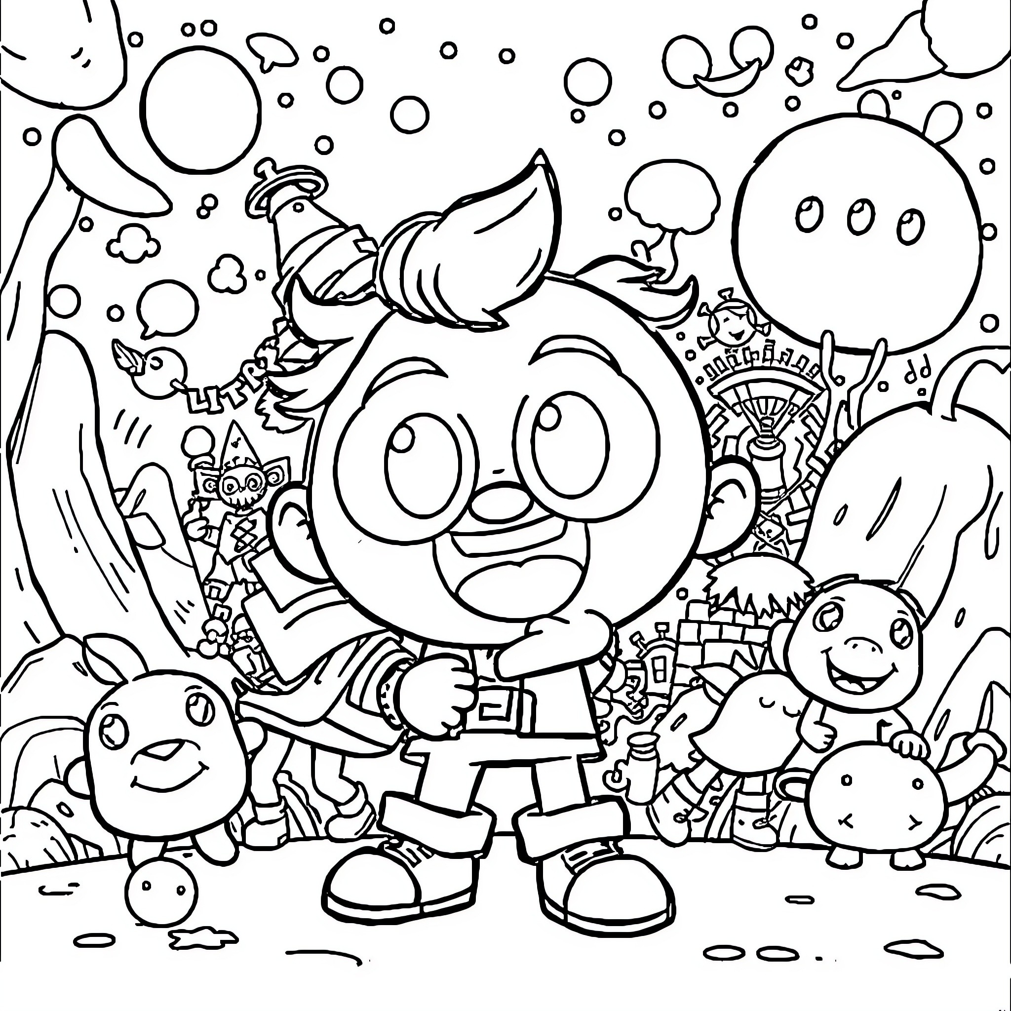 Gumball and Friends Enjoying a Whimsical Adventure Coloring Page (free black-and-white line drawing printable PDF for all, from beginners to advanced learners, including children, teens, adults, and seniors)