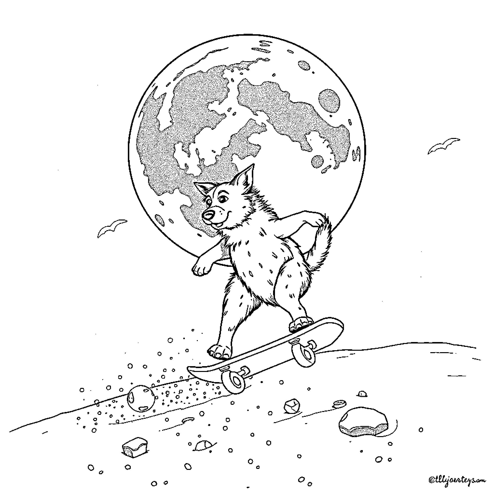 Dog riding skateboard under the moon Coloring Page (free black-and-white line drawing printable PDF for all, from beginners to advanced learners, including children, teens, adults, and seniors)