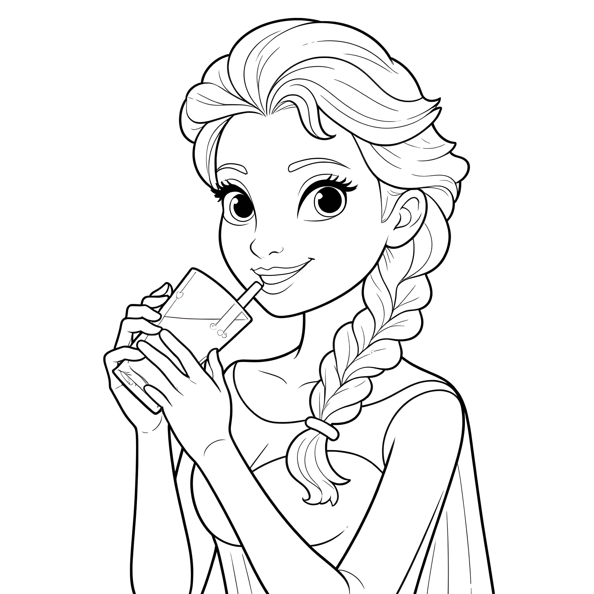 Elsa enjoying a refreshing drink Coloring Page (free black-and-white line drawing printable PDF for all, from beginners to advanced learners, including children, teens, adults, and seniors)