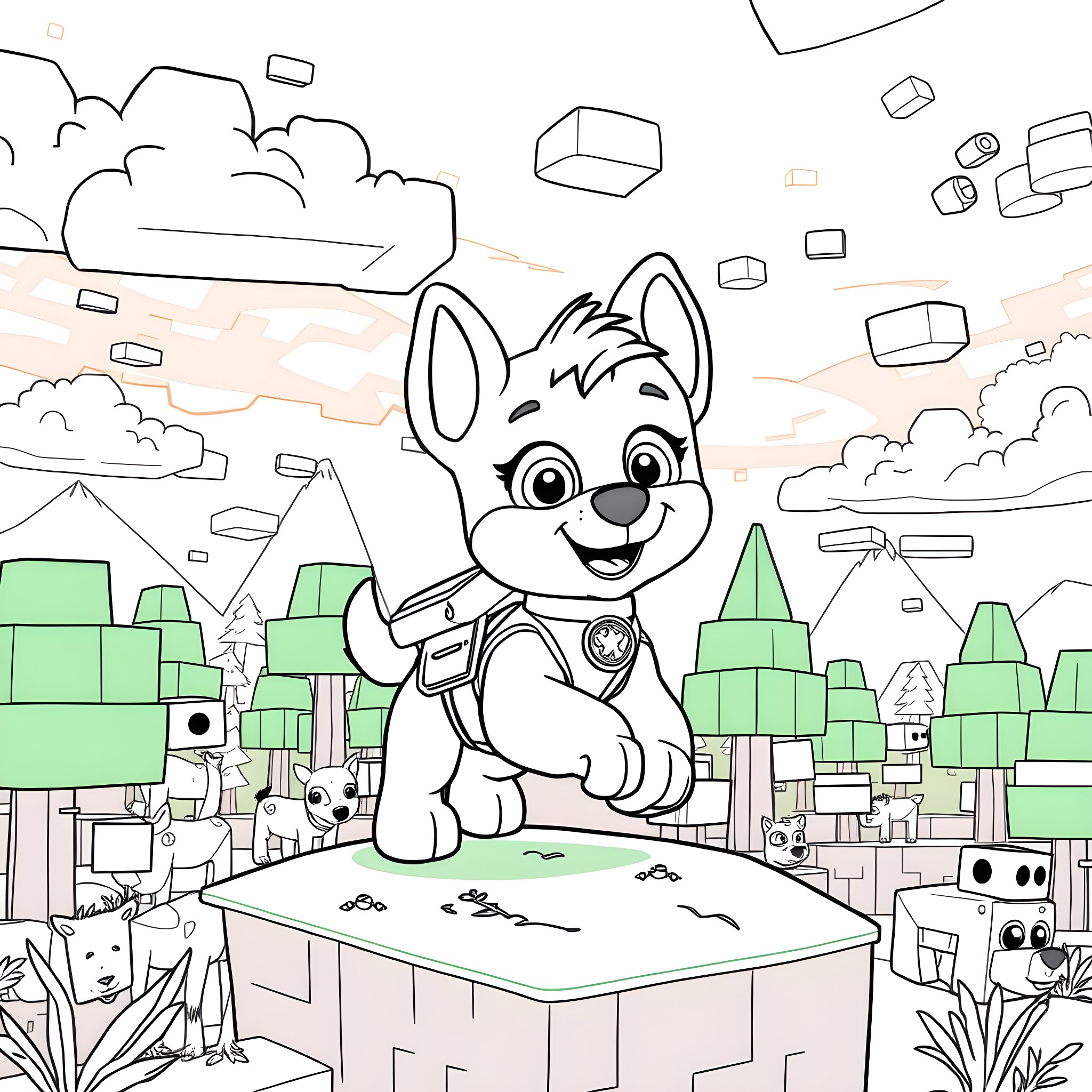 Skye's Paw-some Adventures in Adventure Bay Coloring Page (free black-and-white line drawing printable PDF for all, from beginners to advanced learners, including children, teens, adults, and seniors)