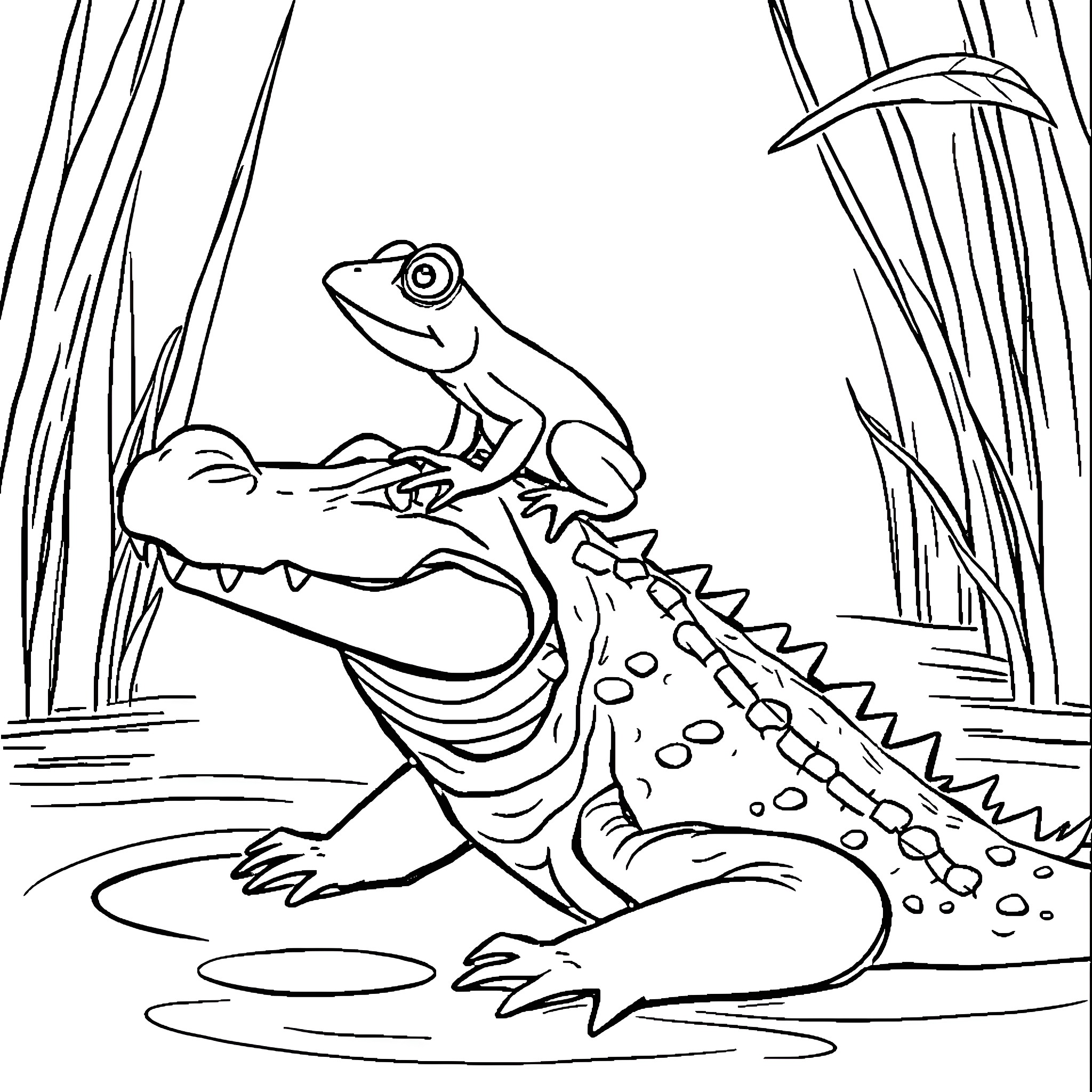 Frog sitting on crocodile's back in the swamp Coloring Page (free black-and-white line drawing printable PDF for all, from beginners to advanced learners, including children, teens, adults, and seniors)