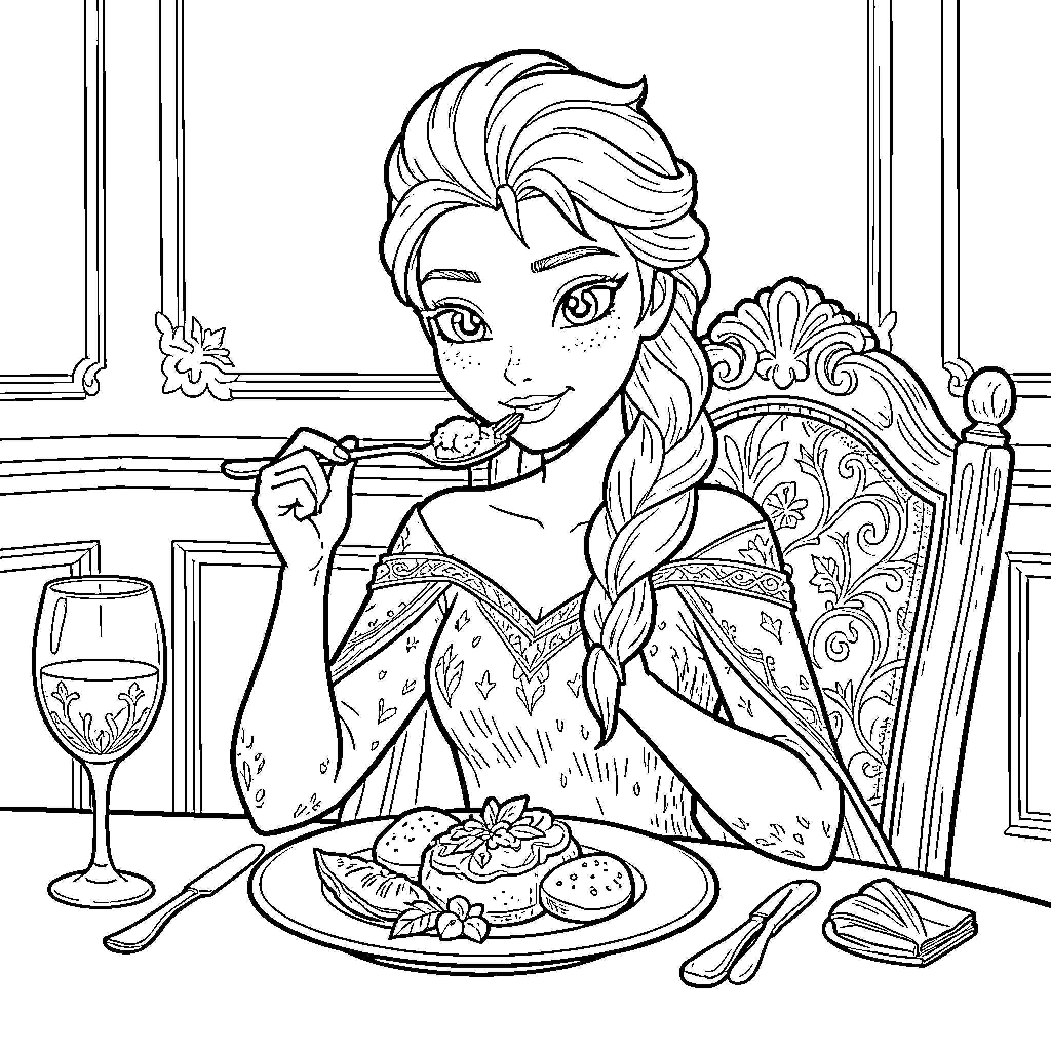 Elsa enjoying a delicious meal at a dining table Coloring Page (free black-and-white line drawing printable PDF for all, from beginners to advanced learners, including children, teens, adults, and seniors)