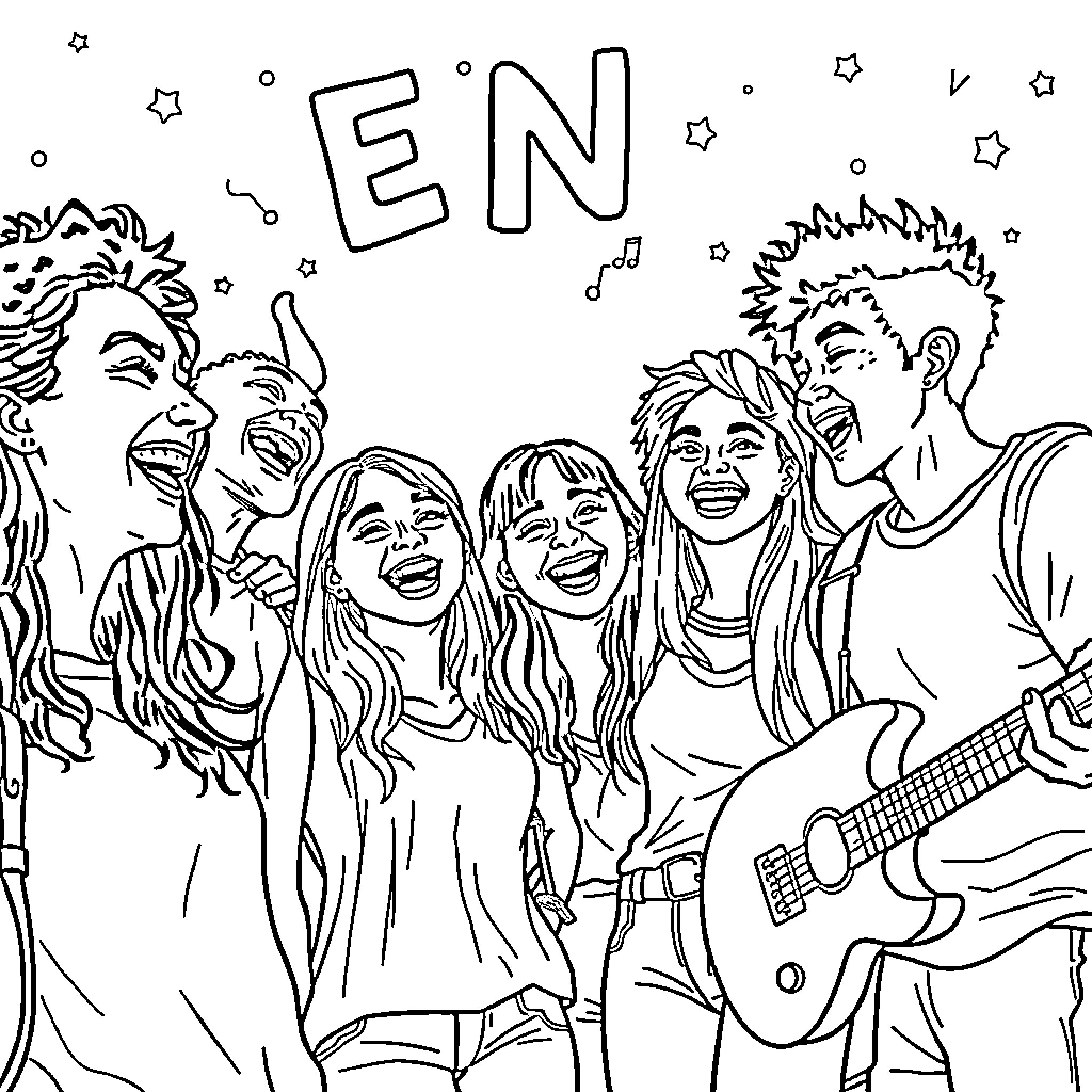 Students enjoying music and performance together Coloring Page (free black-and-white line drawing printable PDF for all, from beginners to advanced learners, including children, teens, adults, and seniors)
