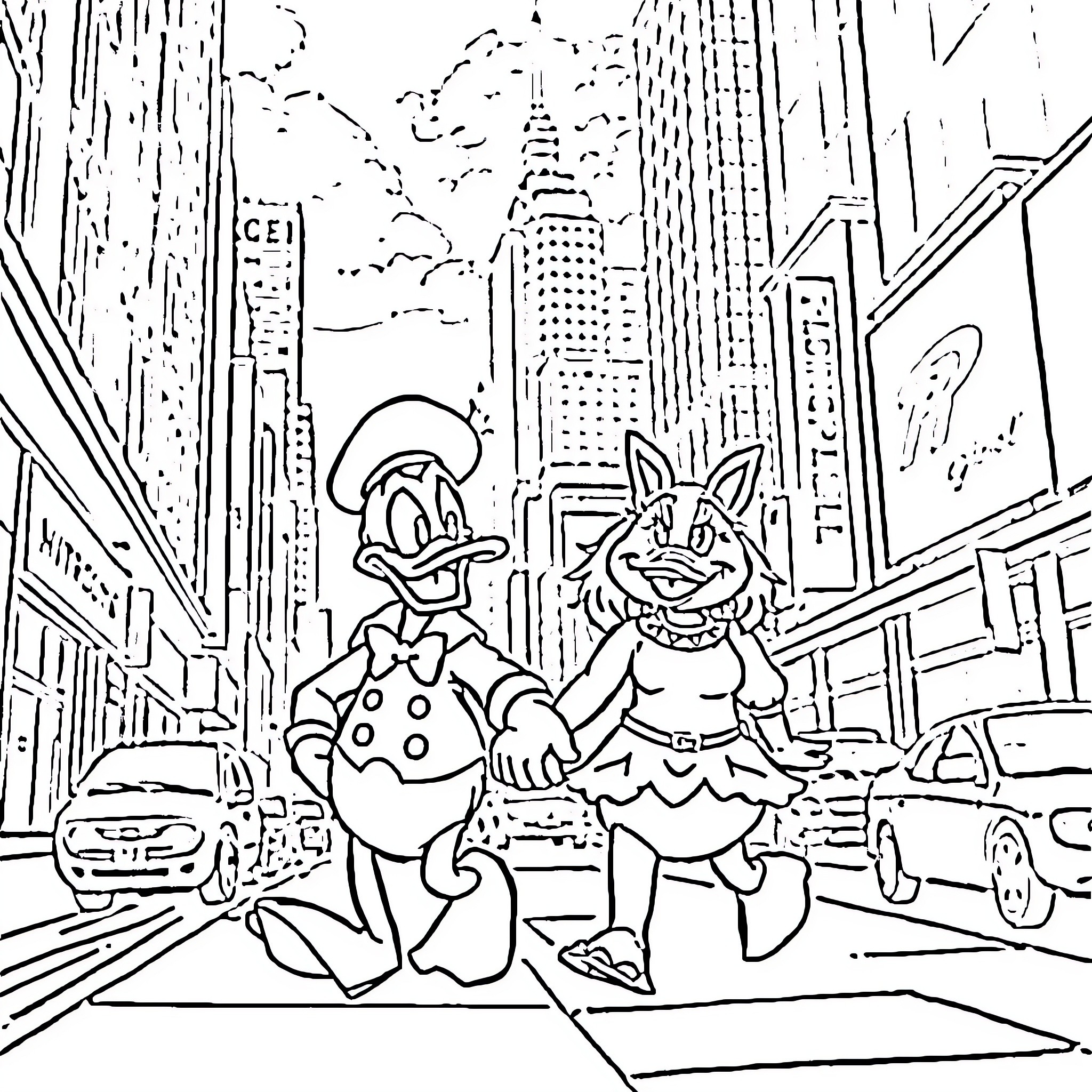 Donald Duck and Oswald the Lucky Rabbit exploring the city Coloring Page (free black-and-white line drawing printable PDF for all, from beginners to advanced learners, including children, teens, adults, and seniors)