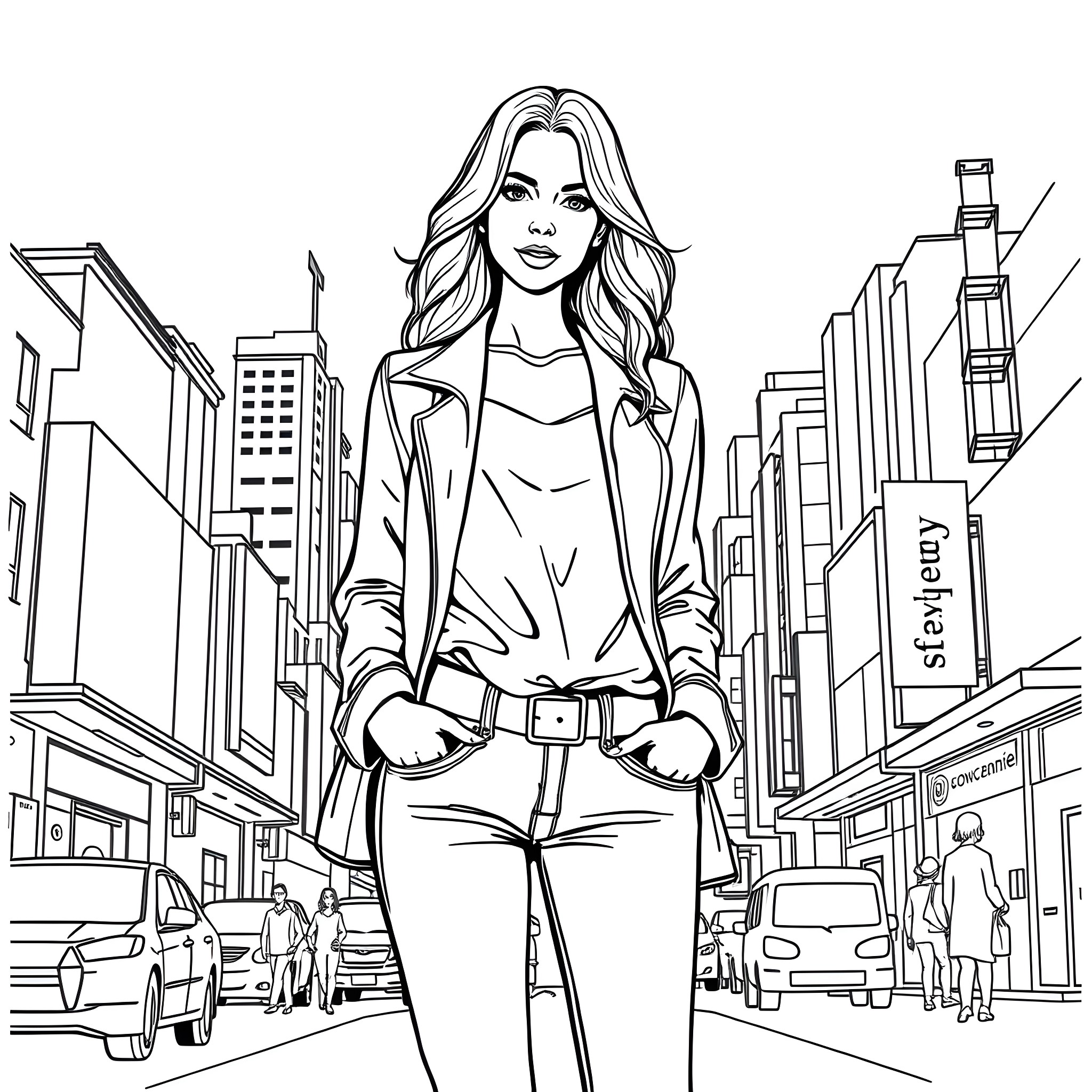 Girl walking confidently in the city Coloring Page (free black-and-white line drawing printable PDF for all, from beginners to advanced learners, including children, teens, adults, and seniors)