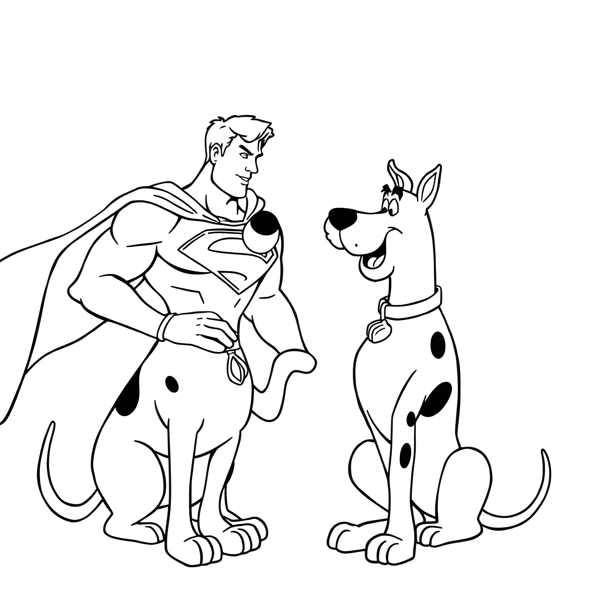 Superman interacting with a spotted dog Coloring Page (free black-and-white line drawing printable PDF for all, from beginners to advanced learners, including children, teens, adults, and seniors)
