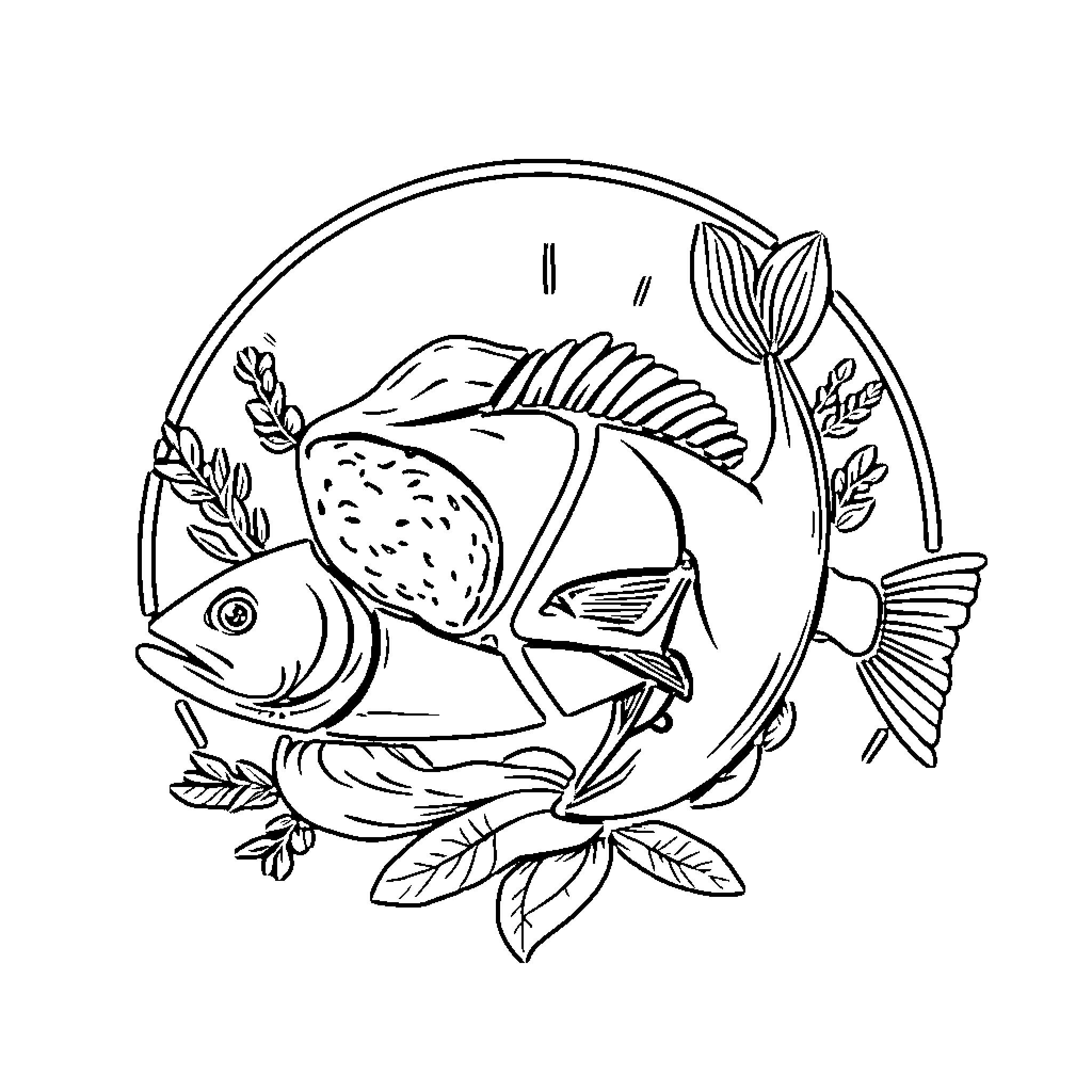 Meat and Fish Depicted in Botanical Frame Coloring Page (free black-and-white line drawing printable PDF for all, from beginners to advanced learners, including children, teens, adults, and seniors)