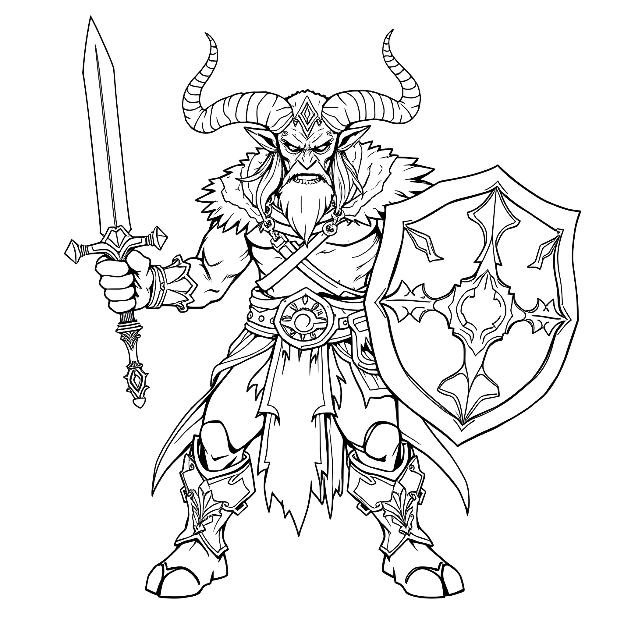 Tiefling warrior wielding sword and shield Coloring Page (free black-and-white line drawing printable PDF for all, from beginners to advanced learners, including children, teens, adults, and seniors)
