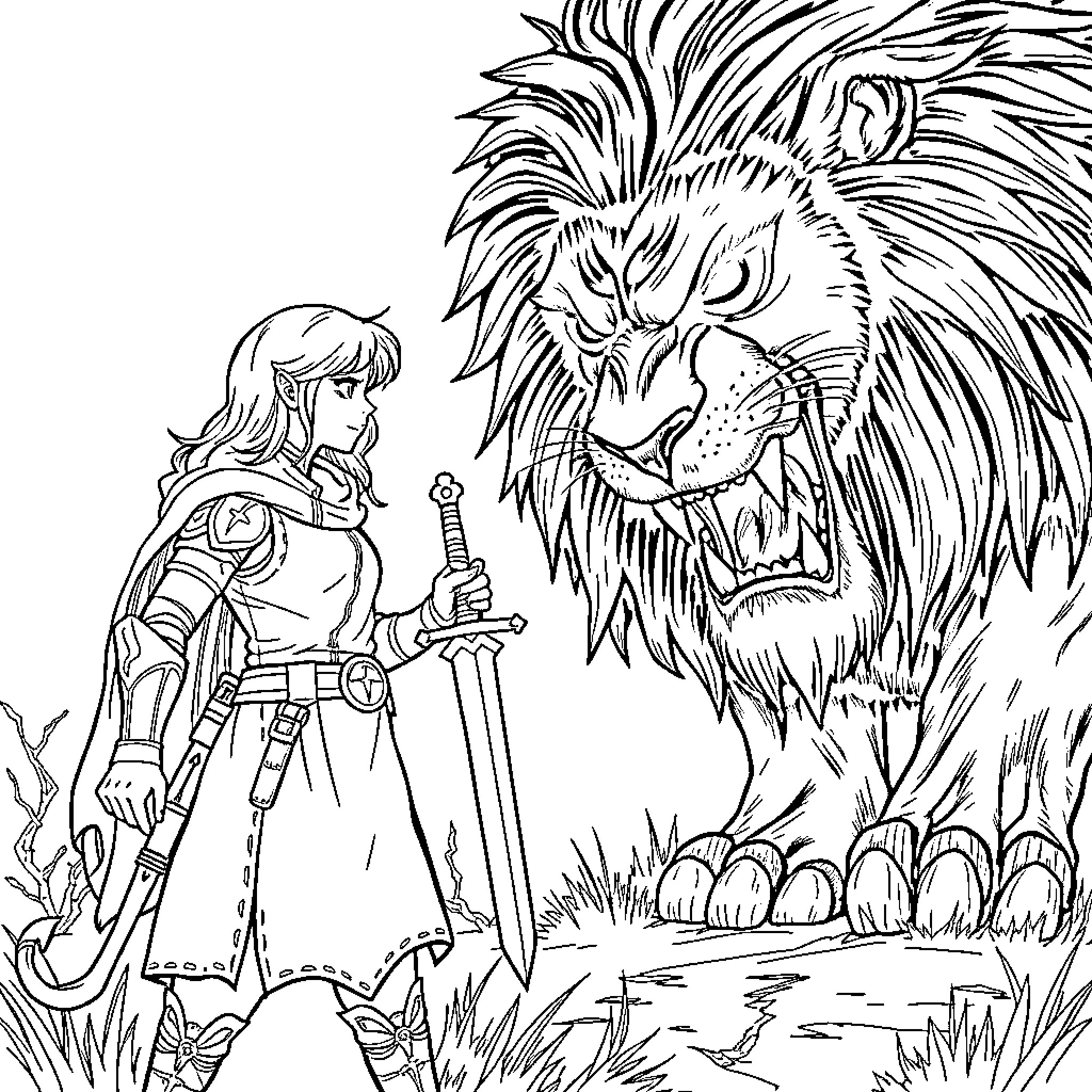 Teenage Girl Battles Ferocious Lion in Dramatic Encounter Coloring Page (free black-and-white line drawing printable PDF for all, from beginners to advanced learners, including children, teens, adults, and seniors)