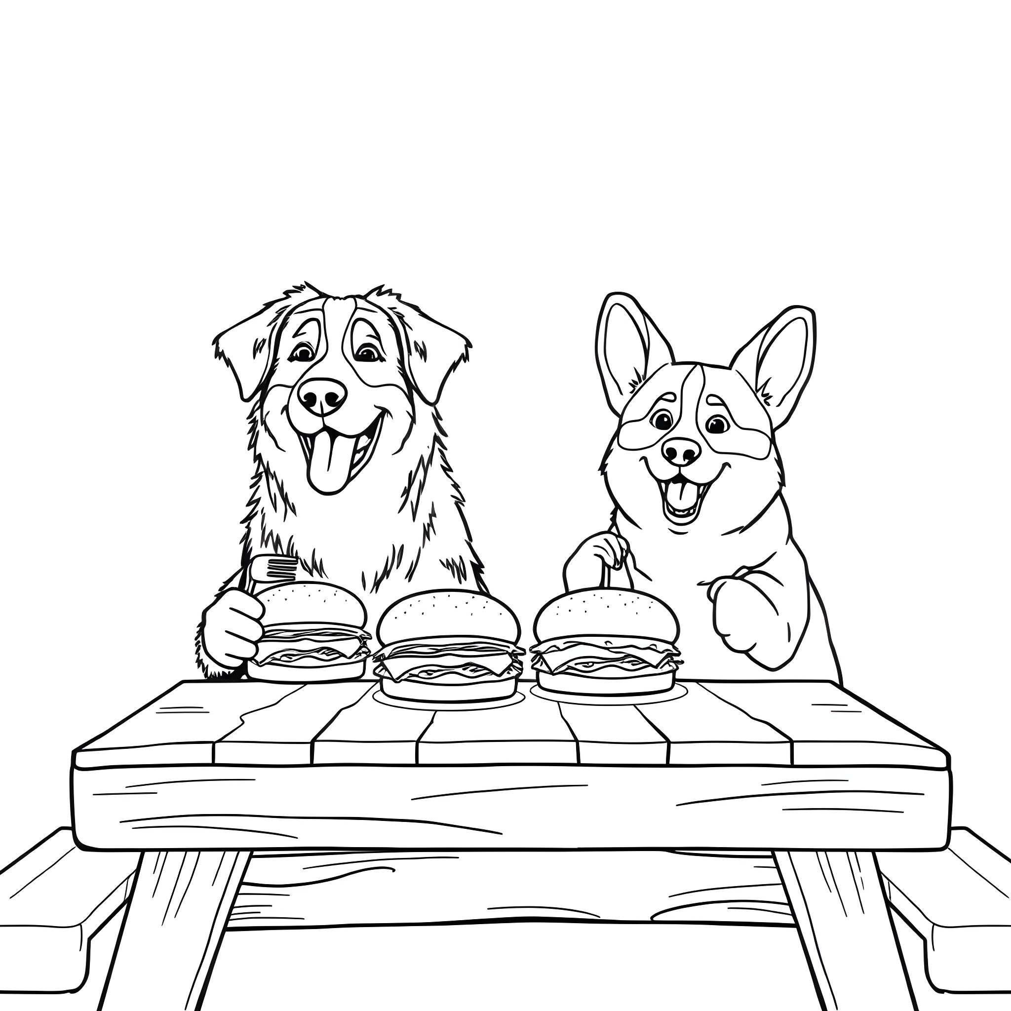 Dog friends enjoying burgers together Coloring Page (free black-and-white line drawing printable PDF for all, from beginners to advanced learners, including children, teens, adults, and seniors)