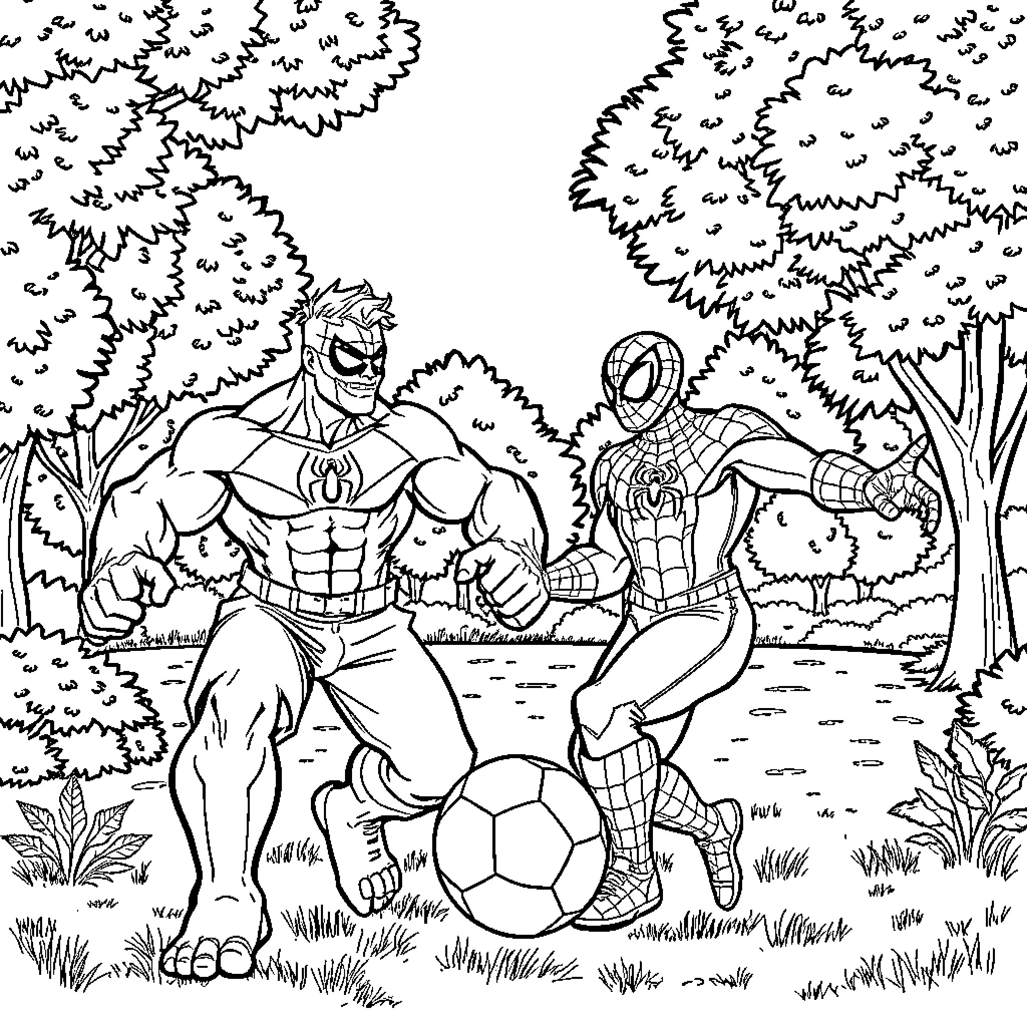 Hulk and Spider-Man playing soccer in the park Coloring Page (free black-and-white line drawing printable PDF for all, from beginners to advanced learners, including children, teens, adults, and seniors)