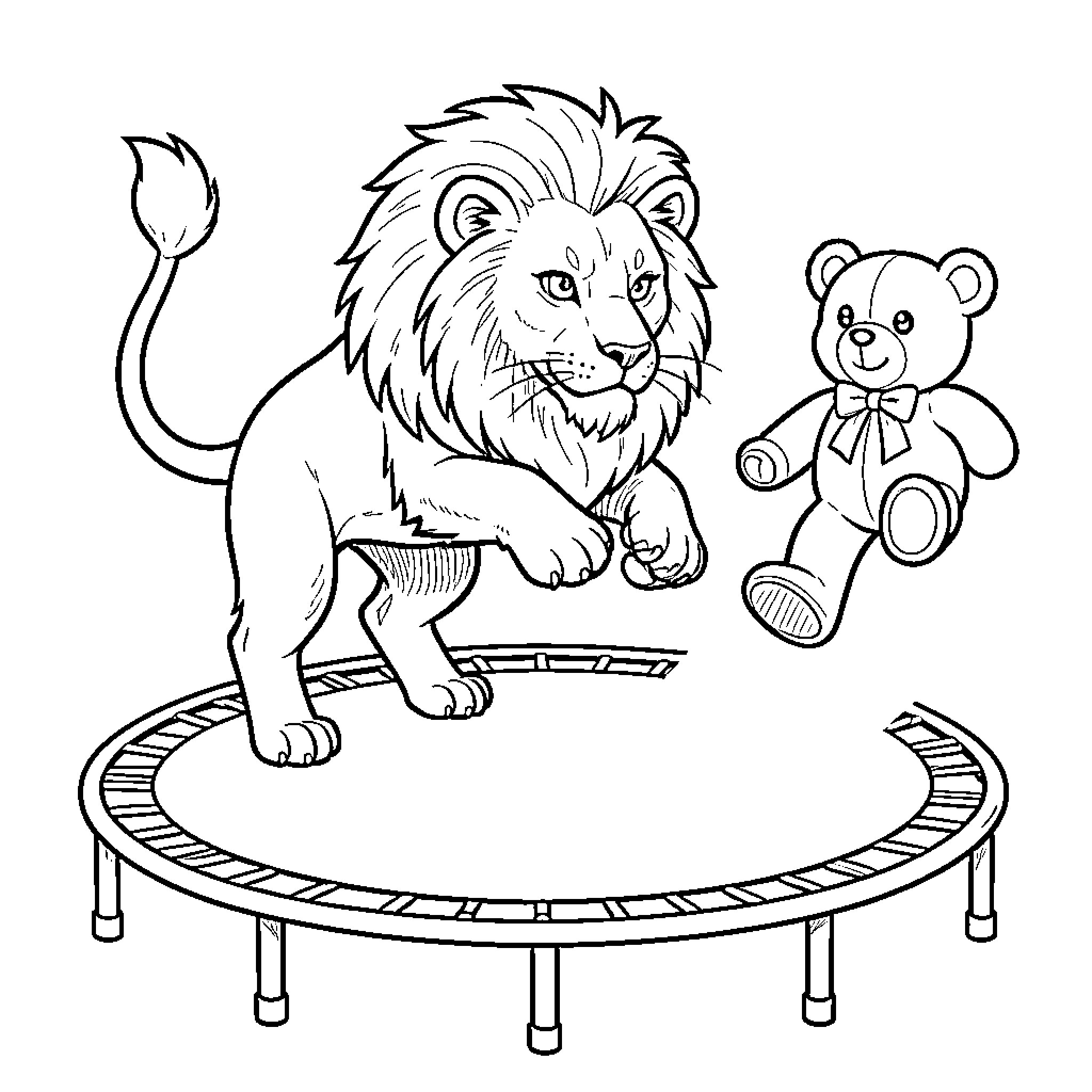 Lion playing with a teddy bear on a track Coloring Page (free black-and-white line drawing printable PDF for all, from beginners to advanced learners, including children, teens, adults, and seniors)