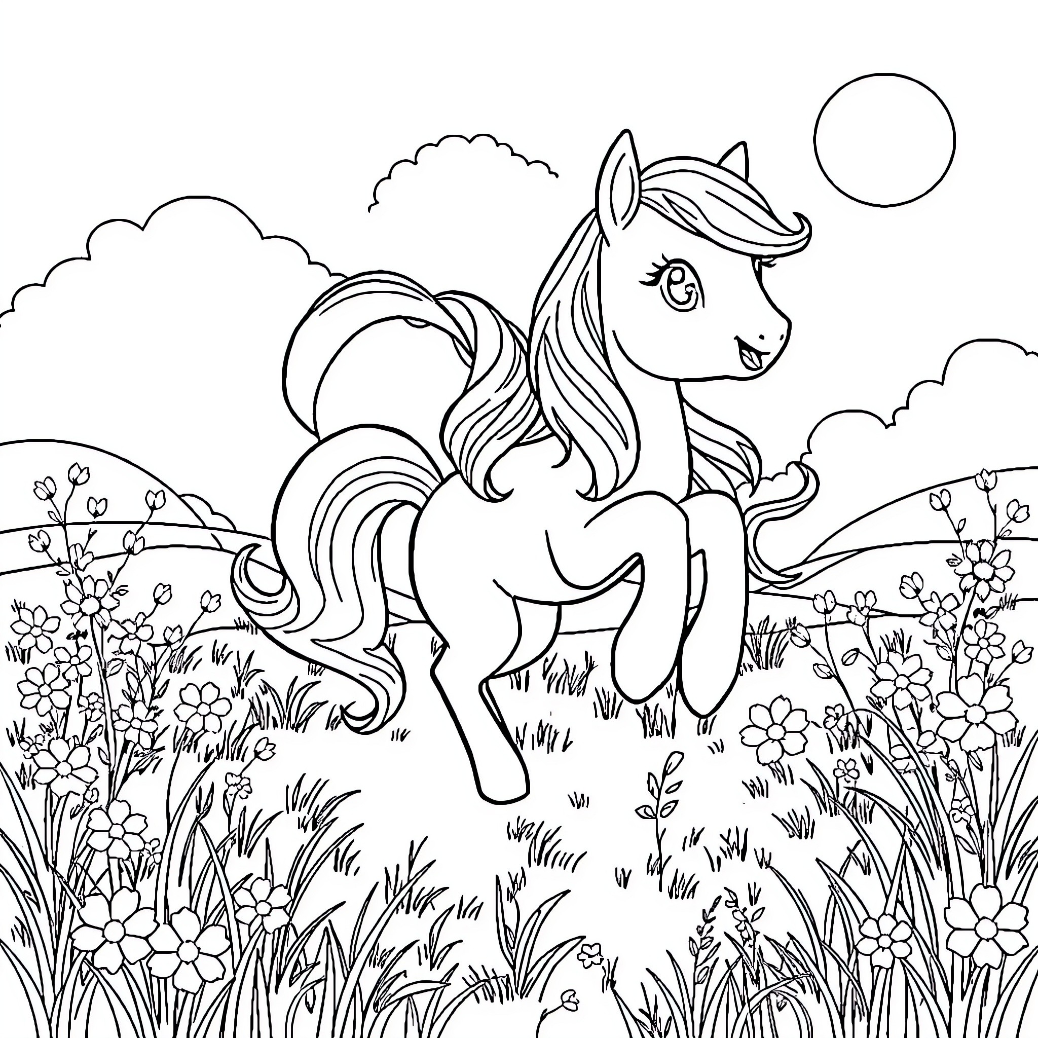 Pony enjoying a peaceful day in the meadow Coloring Page (free black-and-white line drawing printable PDF for all, from beginners to advanced learners, including children, teens, adults, and seniors)