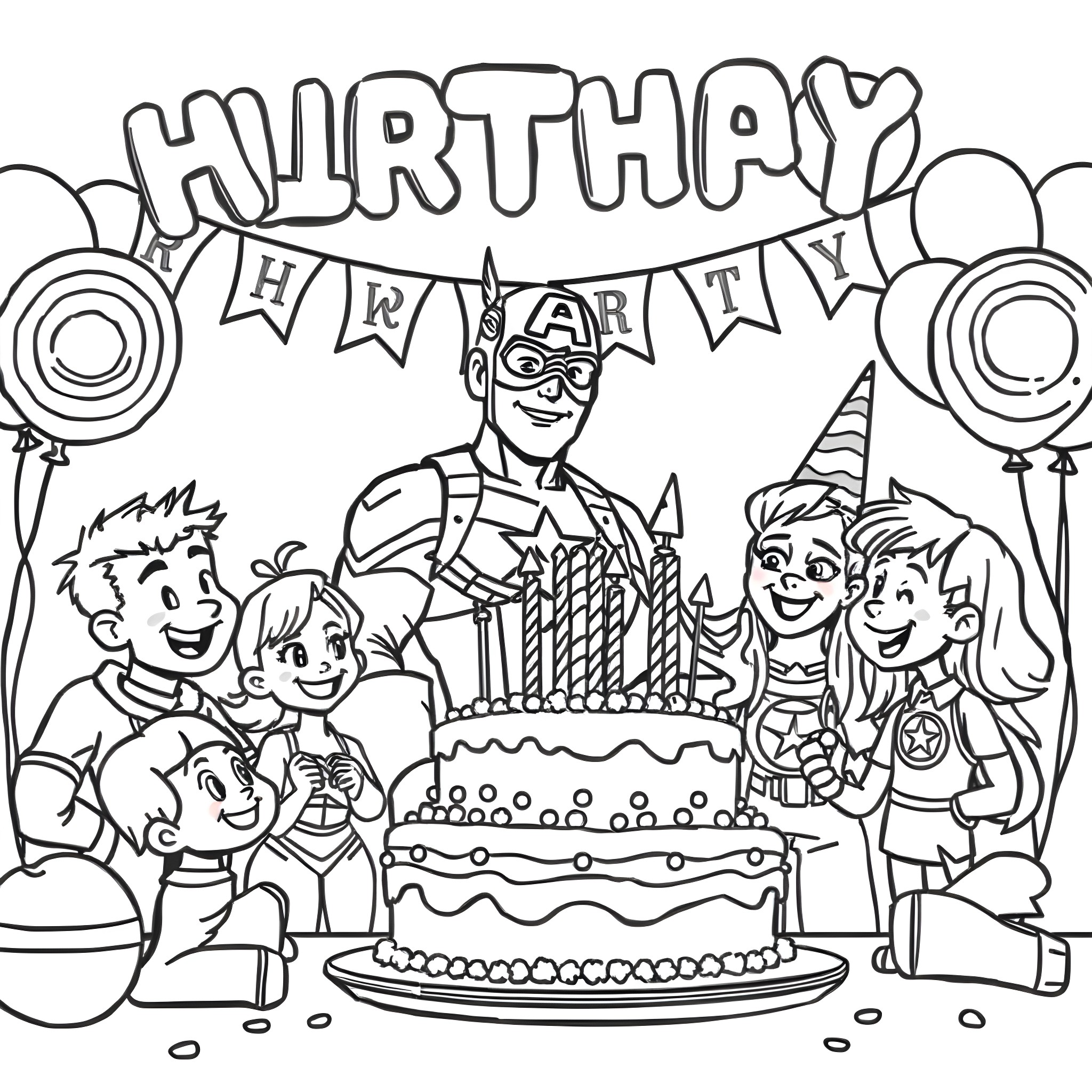 Captain America's Birthday Party with Family and Friends Coloring Page (free black-and-white line drawing printable PDF for all, from beginners to advanced learners, including children, teens, adults, and seniors)
