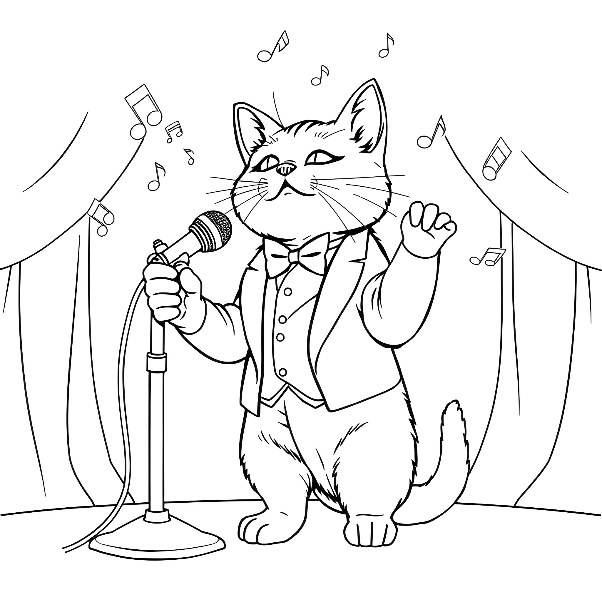 Cat singing and performing on stage Coloring Page (free black-and-white line drawing printable PDF for all, from beginners to advanced learners, including children, teens, adults, and seniors)