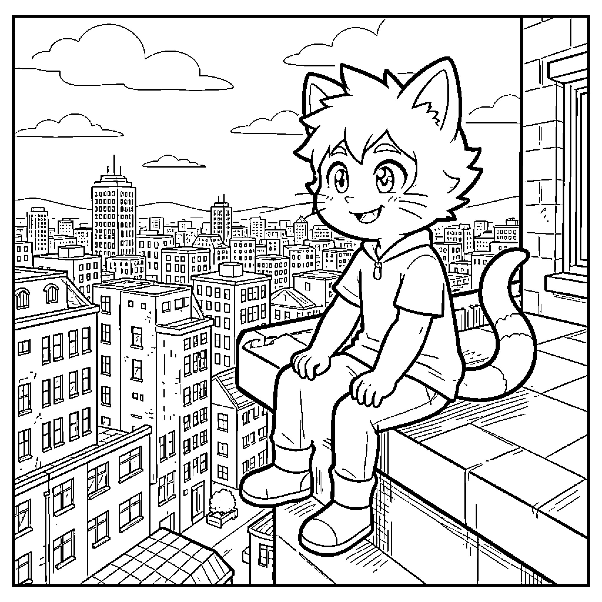 Catboy sitting on a ledge overlooking the city Coloring Page (free black-and-white line drawing printable PDF for all, from beginners to advanced learners, including children, teens, adults, and seniors)
