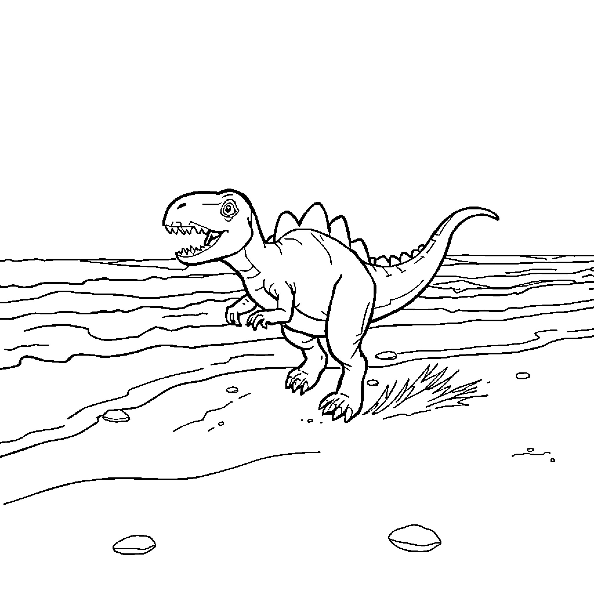 Dinosaur roaming the beach Coloring Page (free black-and-white line drawing printable PDF for all, from beginners to advanced learners, including children, teens, adults, and seniors)