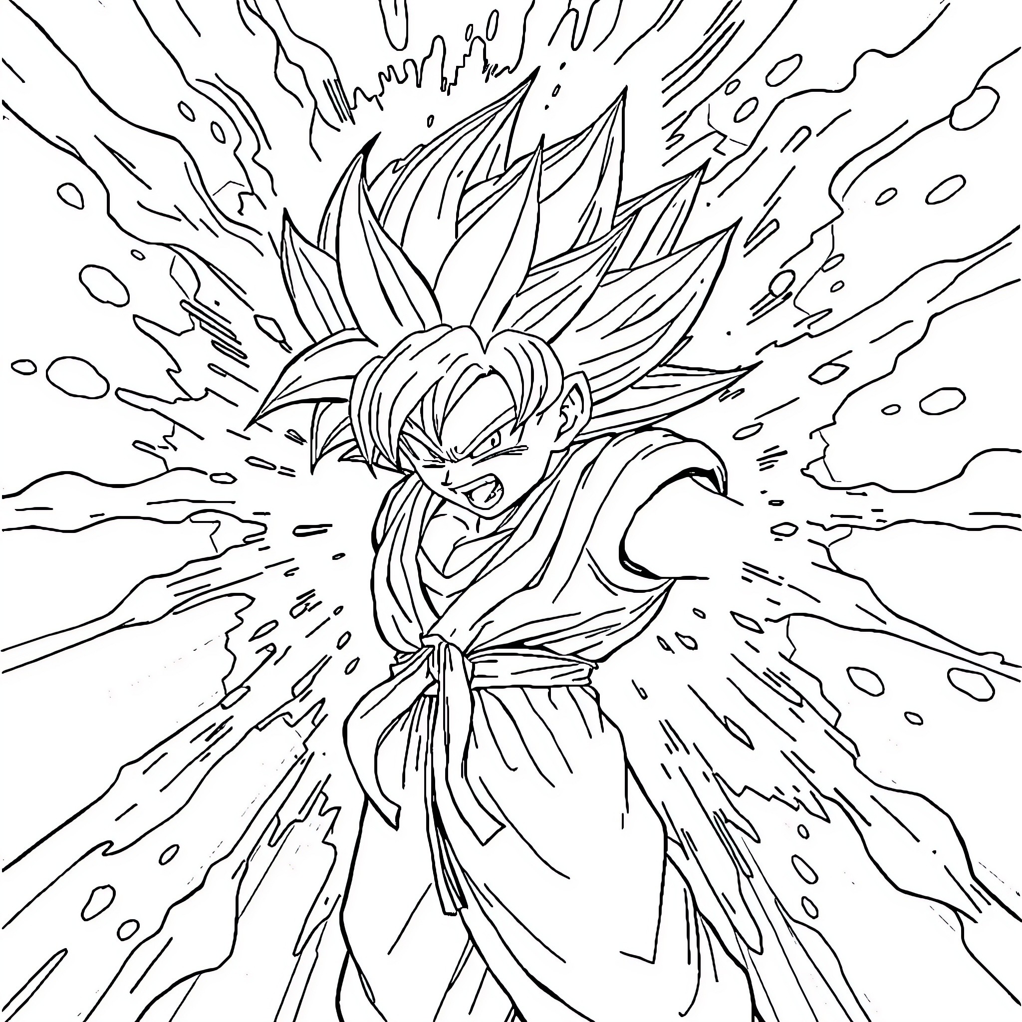 Super Saiyan Warrior Unleashing Powerful Energy Blast Coloring Page (free black-and-white line drawing printable PDF for all, from beginners to advanced learners, including children, teens, adults, and seniors)