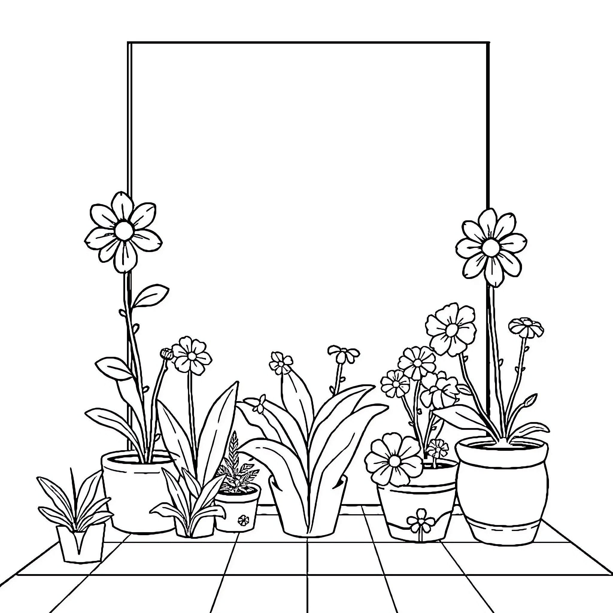 Space with Flowering Plants in Pots Coloring Page (free black-and-white line drawing printable PDF for all, from beginners to advanced learners, including children, teens, adults, and seniors)