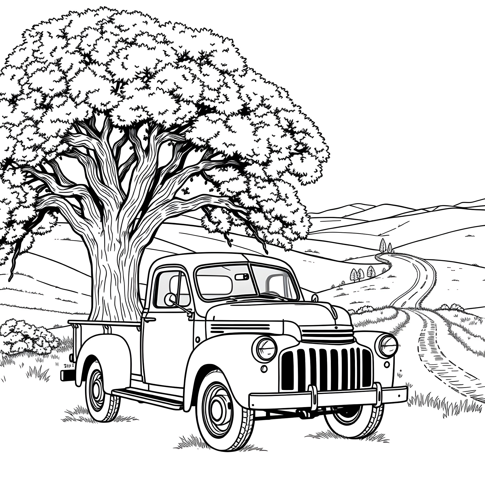 Truck parked under the leafy tree in countryside Coloring Page (free black-and-white line drawing printable PDF for all, from beginners to advanced learners, including children, teens, adults, and seniors)
