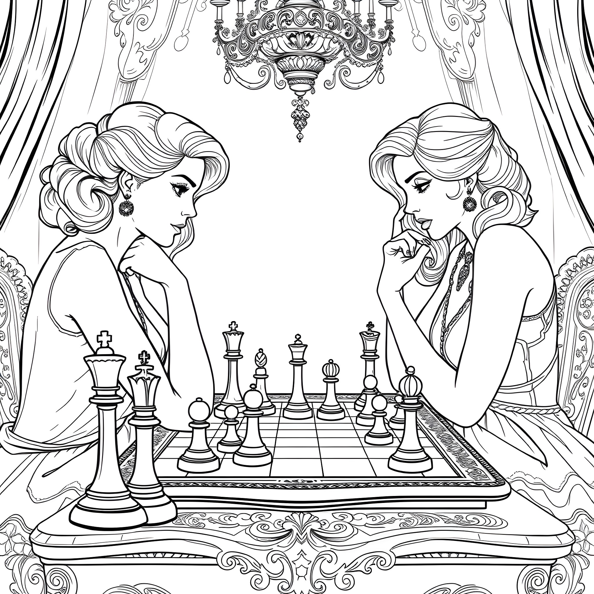 Women Playing Chess in an Elegant Setting Coloring Page (free black-and-white line drawing printable PDF for all, from beginners to advanced learners, including children, teens, adults, and seniors)