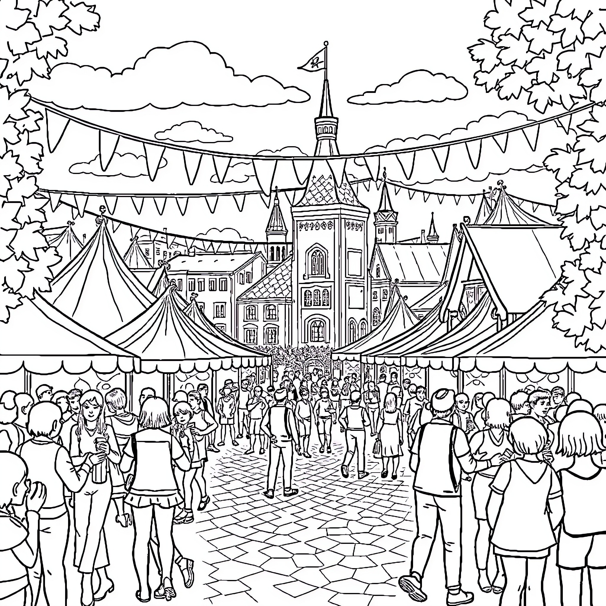 Oktoberfest in the City with Crowds and Festivities Coloring Page (free black-and-white line drawing printable PDF for all, from beginners to advanced learners, including children, teens, adults, and seniors)