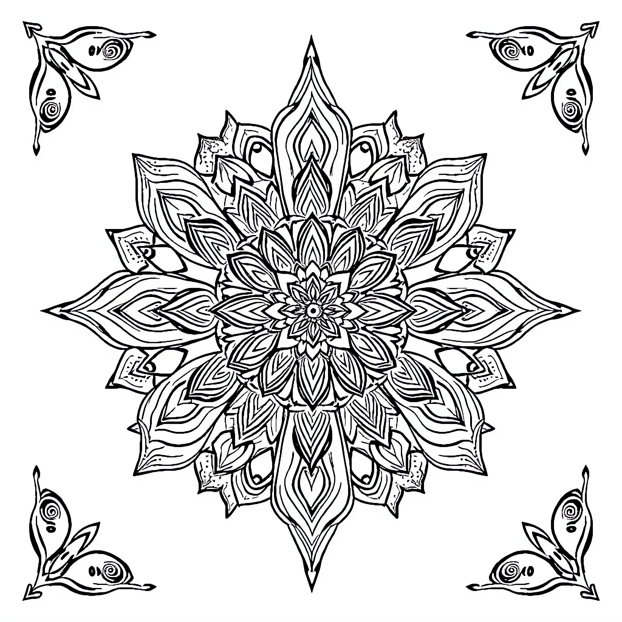 Meditation on Intricate Floral Patterns Coloring Page (free black-and-white line drawing printable PDF for all, from beginners to advanced learners, including children, teens, adults, and seniors)