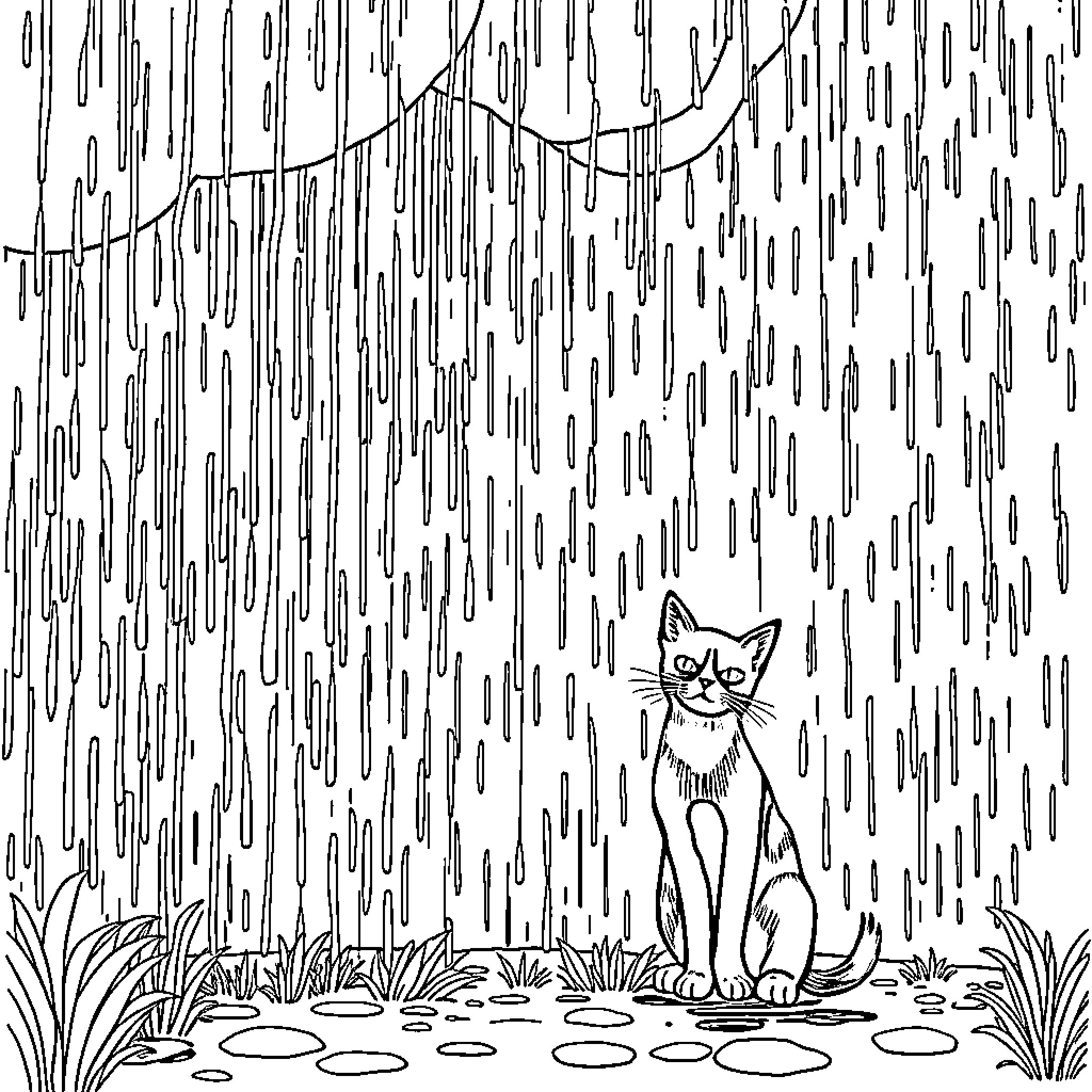 Cat enjoying the rain in the forest Coloring Page (free black-and-white line drawing printable PDF for all, from beginners to advanced learners, including children, teens, adults, and seniors)
