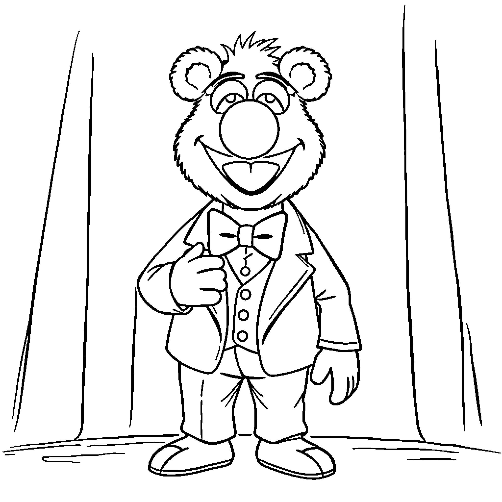 Böbo the Cheerful Puppet in a Fancy Outfit Coloring Page (free black-and-white line drawing printable PDF for all, from beginners to advanced learners, including children, teens, adults, and seniors)