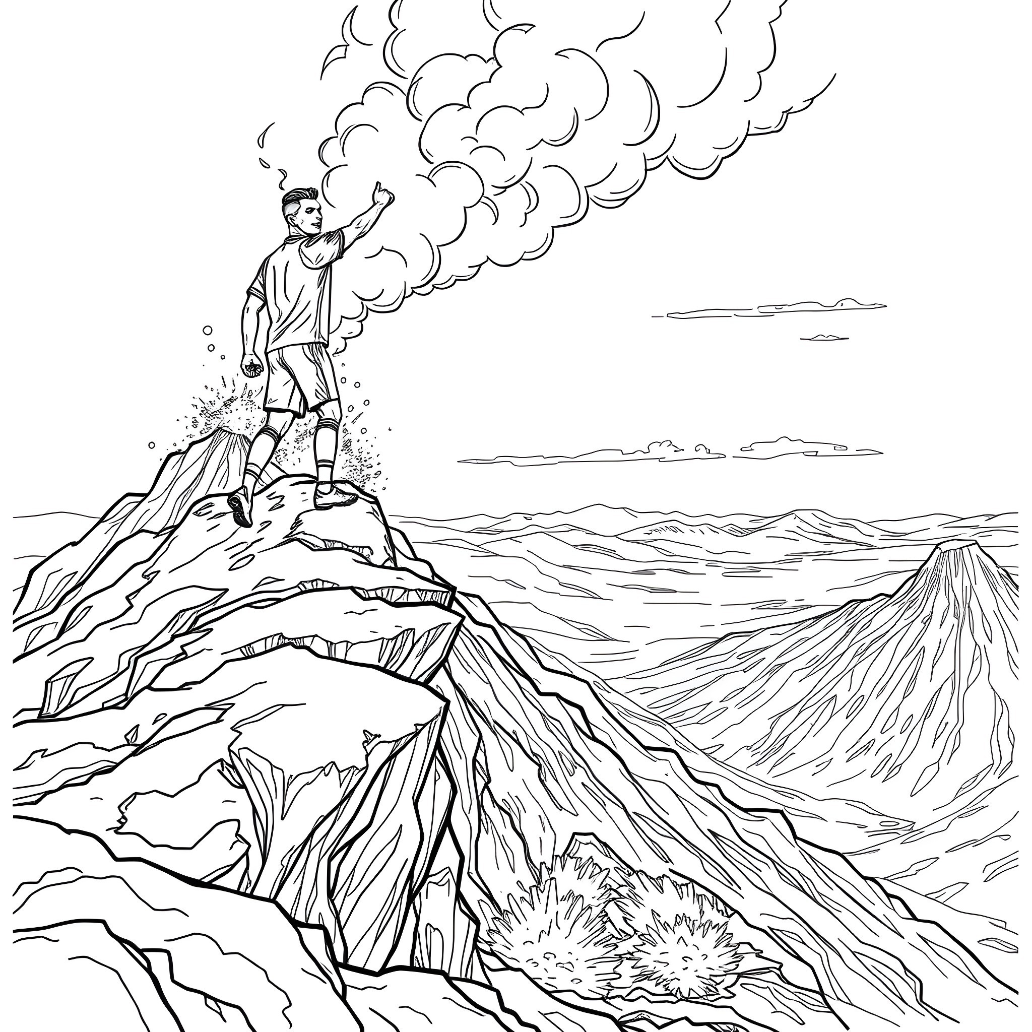 Ronaldo's Eruption: A Fiery Exploration Coloring Page (free black-and-white line drawing printable PDF for all, from beginners to advanced learners, including children, teens, adults, and seniors)
