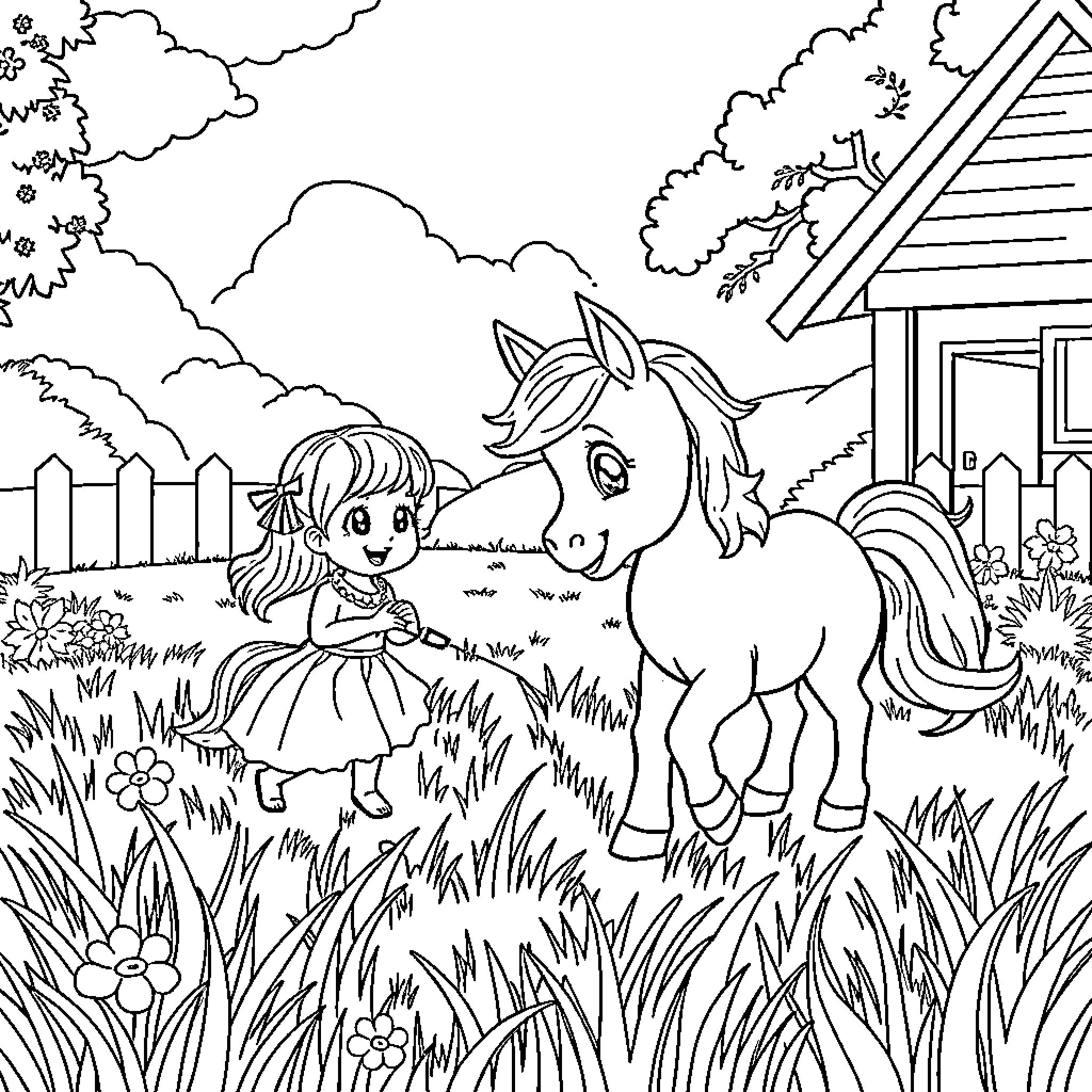 Pony and Girl playing in the Meadow Coloring Page (free black-and-white line drawing printable PDF for all, from beginners to advanced learners, including children, teens, adults, and seniors)
