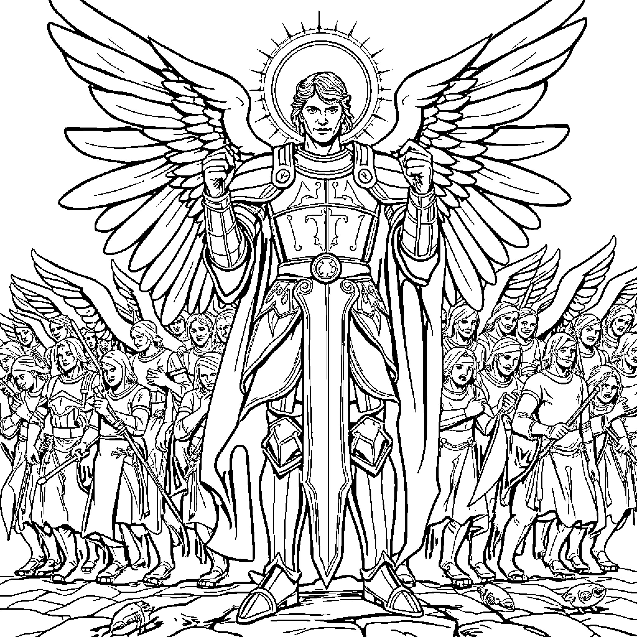Saint Michael the Archangel Leading the Heavenly Host Coloring Page (free black-and-white line drawing printable PDF for all, from beginners to advanced learners, including children, teens, adults, and seniors)