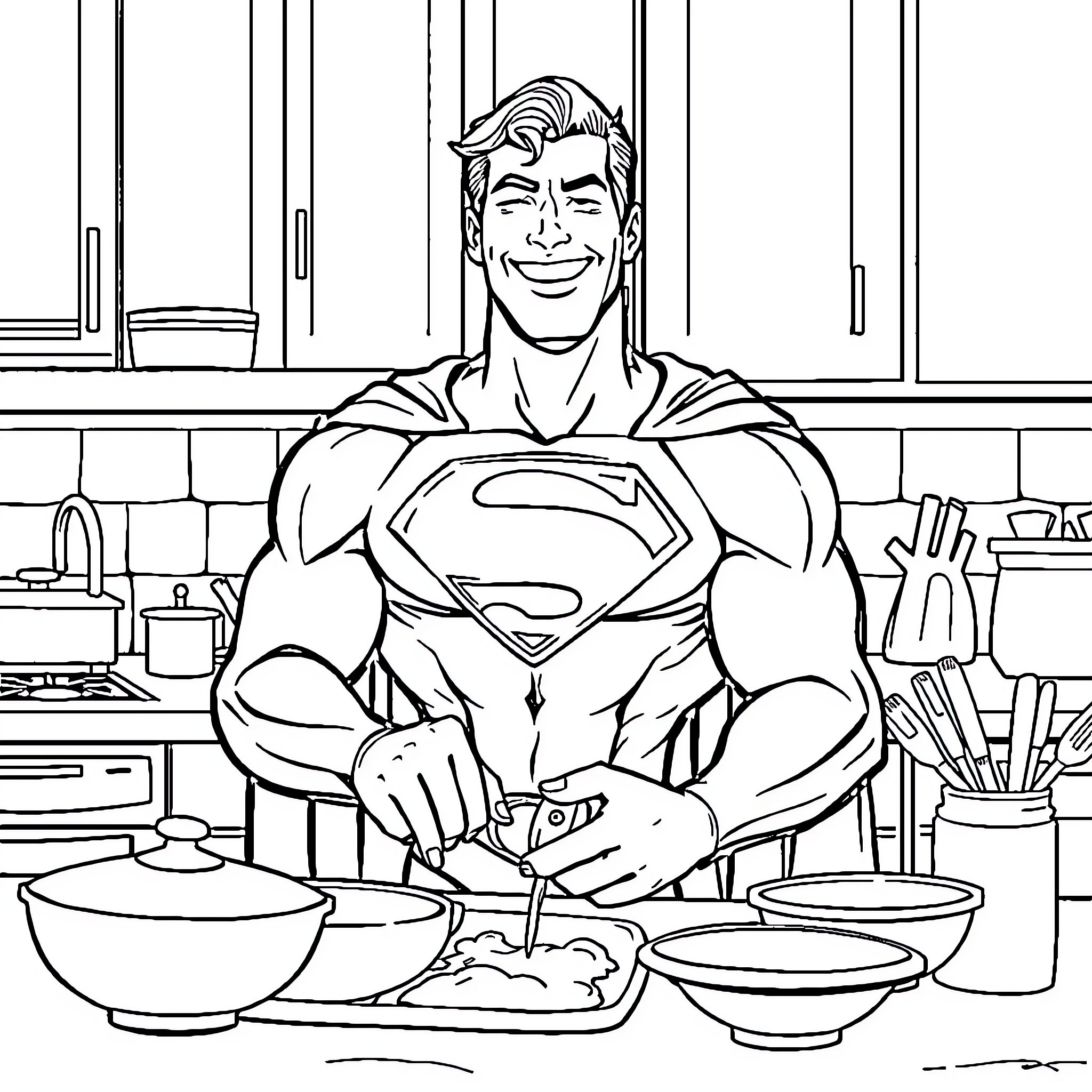 Superman cooking a hearty meal in the kitchen Coloring Page (free black-and-white line drawing printable PDF for all, from beginners to advanced learners, including children, teens, adults, and seniors)