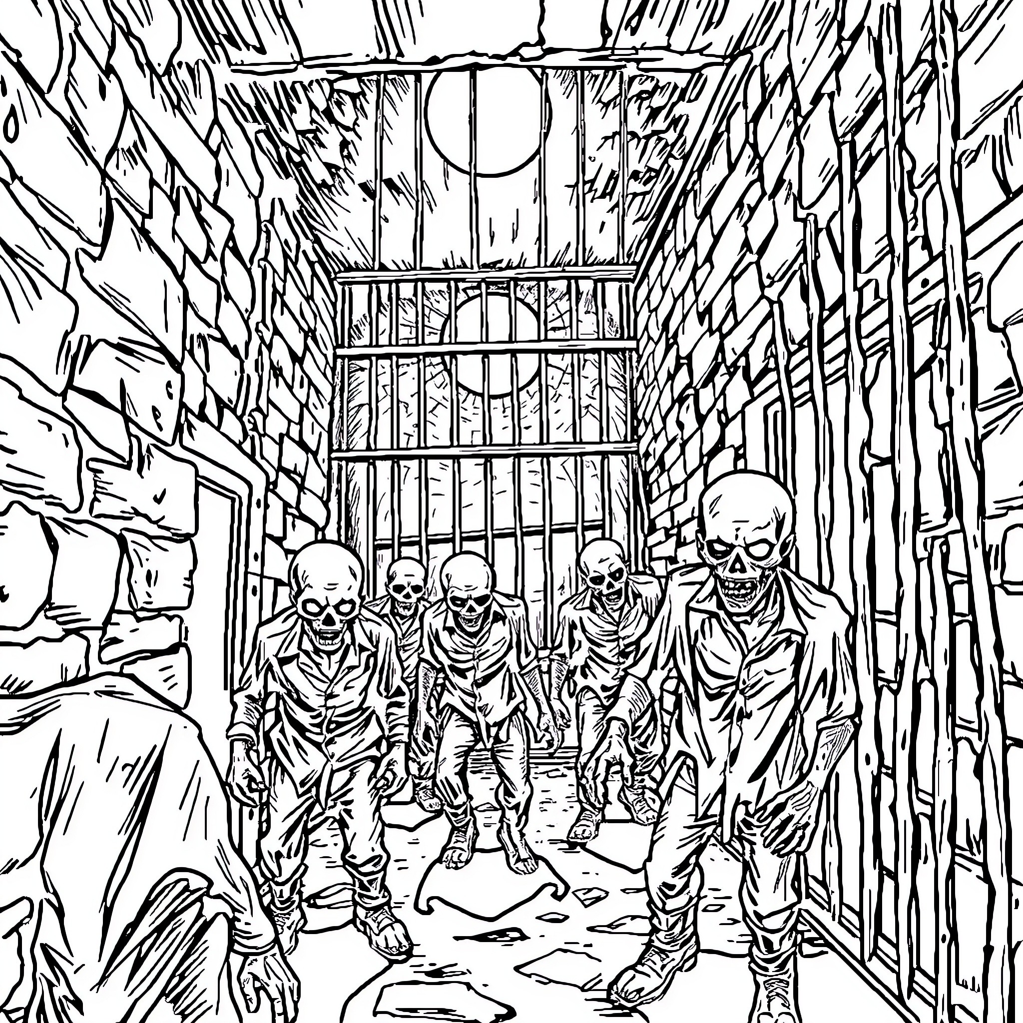 Zombie inmates escaping from a prison cell Coloring Page (free black-and-white line drawing printable PDF for all, from beginners to advanced learners, including children, teens, adults, and seniors)