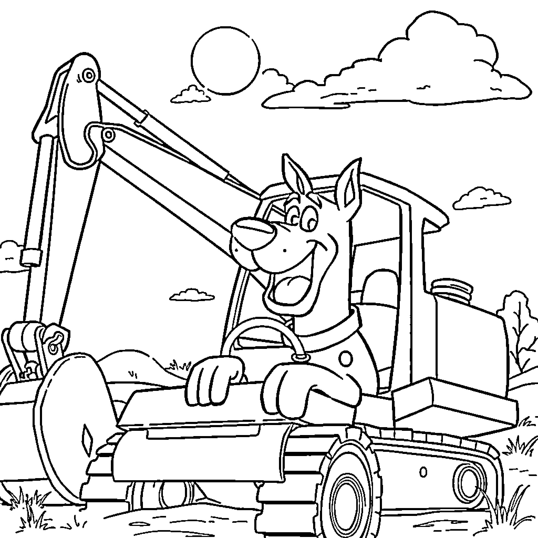 Scooby Doo operating a construction vehicle Coloring Page (free black-and-white line drawing printable PDF for all, from beginners to advanced learners, including children, teens, adults, and seniors)