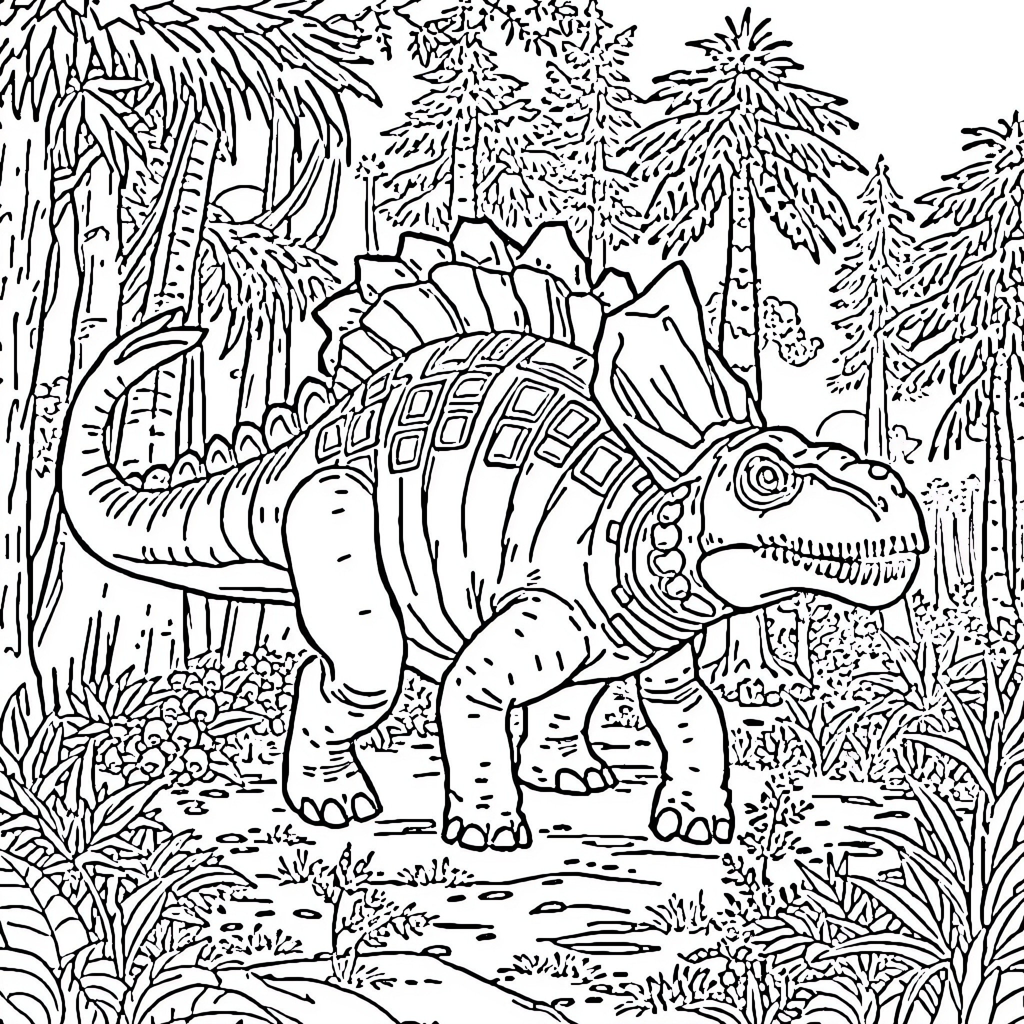 Ankylosaurus in a prehistoric jungle scene Coloring Page (free black-and-white line drawing printable PDF for all, from beginners to advanced learners, including children, teens, adults, and seniors)