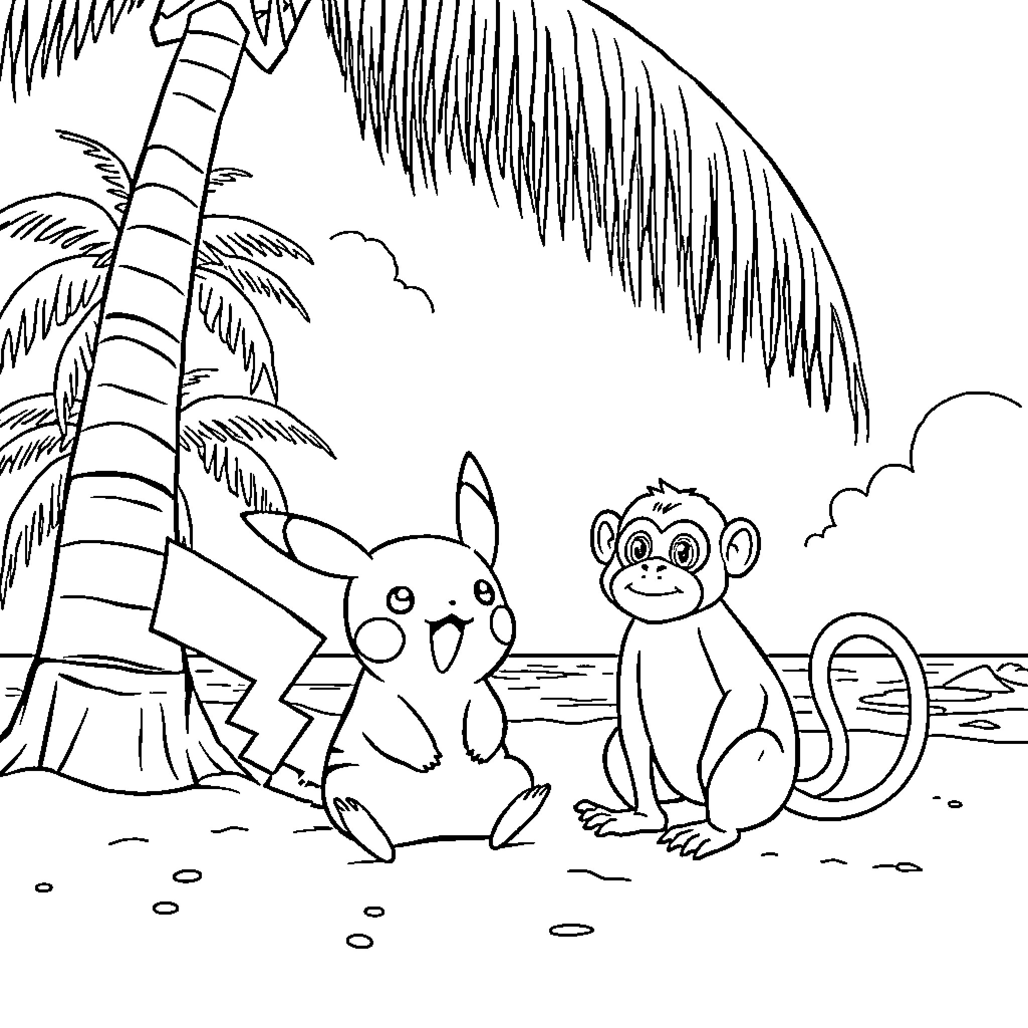 Pikachu and Monkey Playing on Tropical Beach Coloring Page (free black-and-white line drawing printable PDF for all, from beginners to advanced learners, including children, teens, adults, and seniors)