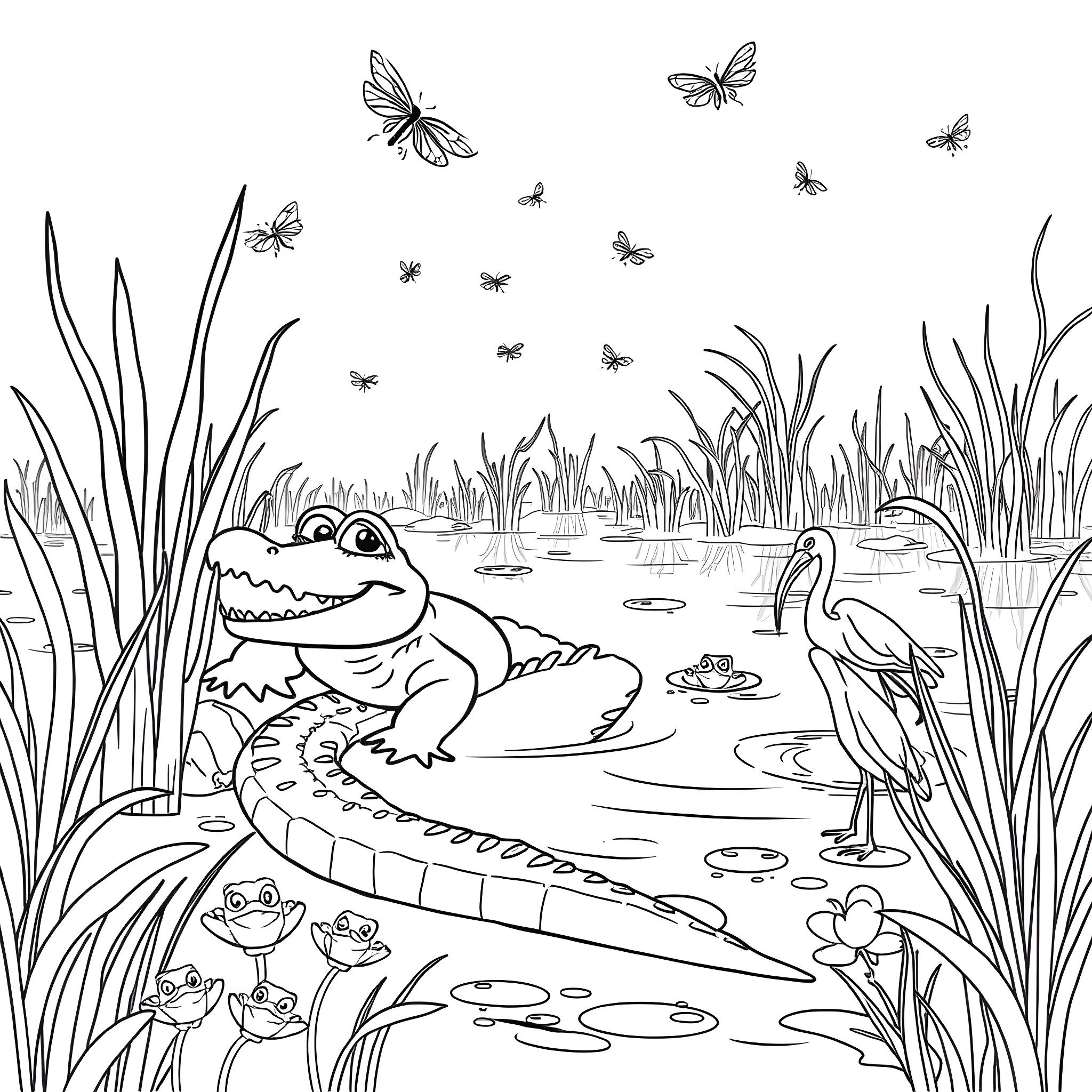 Alligator relaxing in tranquil wetlands surrounded by wildlife Coloring Page (free black-and-white line drawing printable PDF for all, from beginners to advanced learners, including children, teens, adults, and seniors)