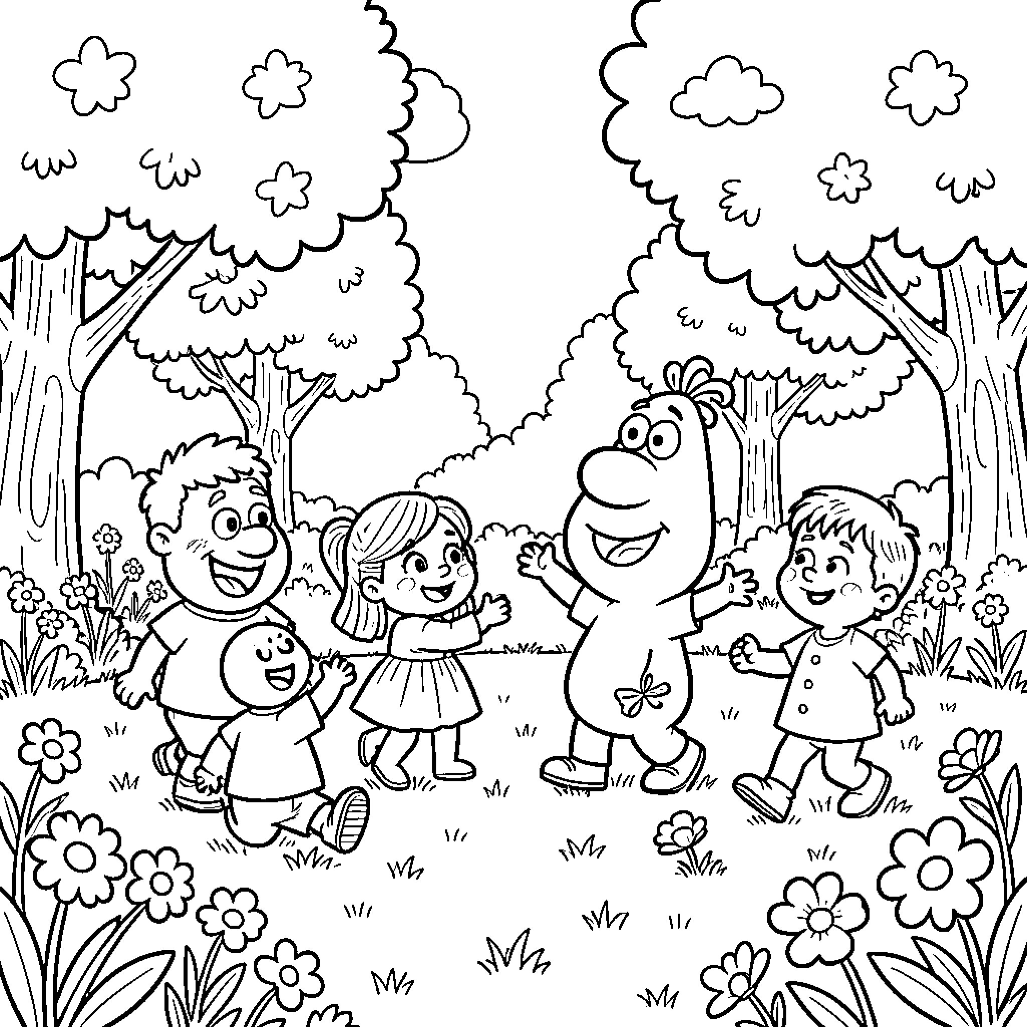 Barbapapa characters playing together in a sunny forest Coloring Page (free black-and-white line drawing printable PDF for all, from beginners to advanced learners, including children, teens, adults, and seniors)