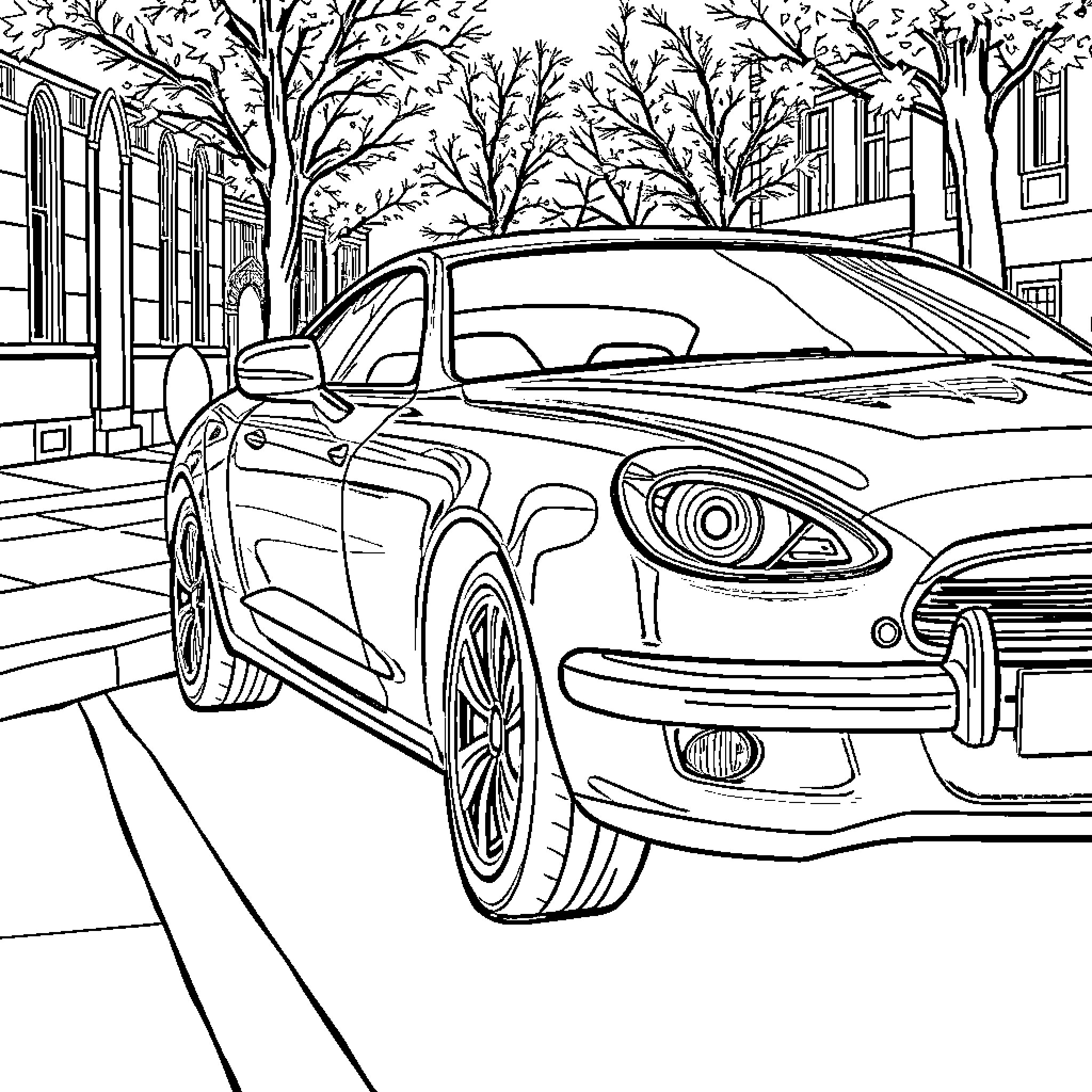 Car parked on city street with trees Coloring Page (free black-and-white line drawing printable PDF for all, from beginners to advanced learners, including children, teens, adults, and seniors)