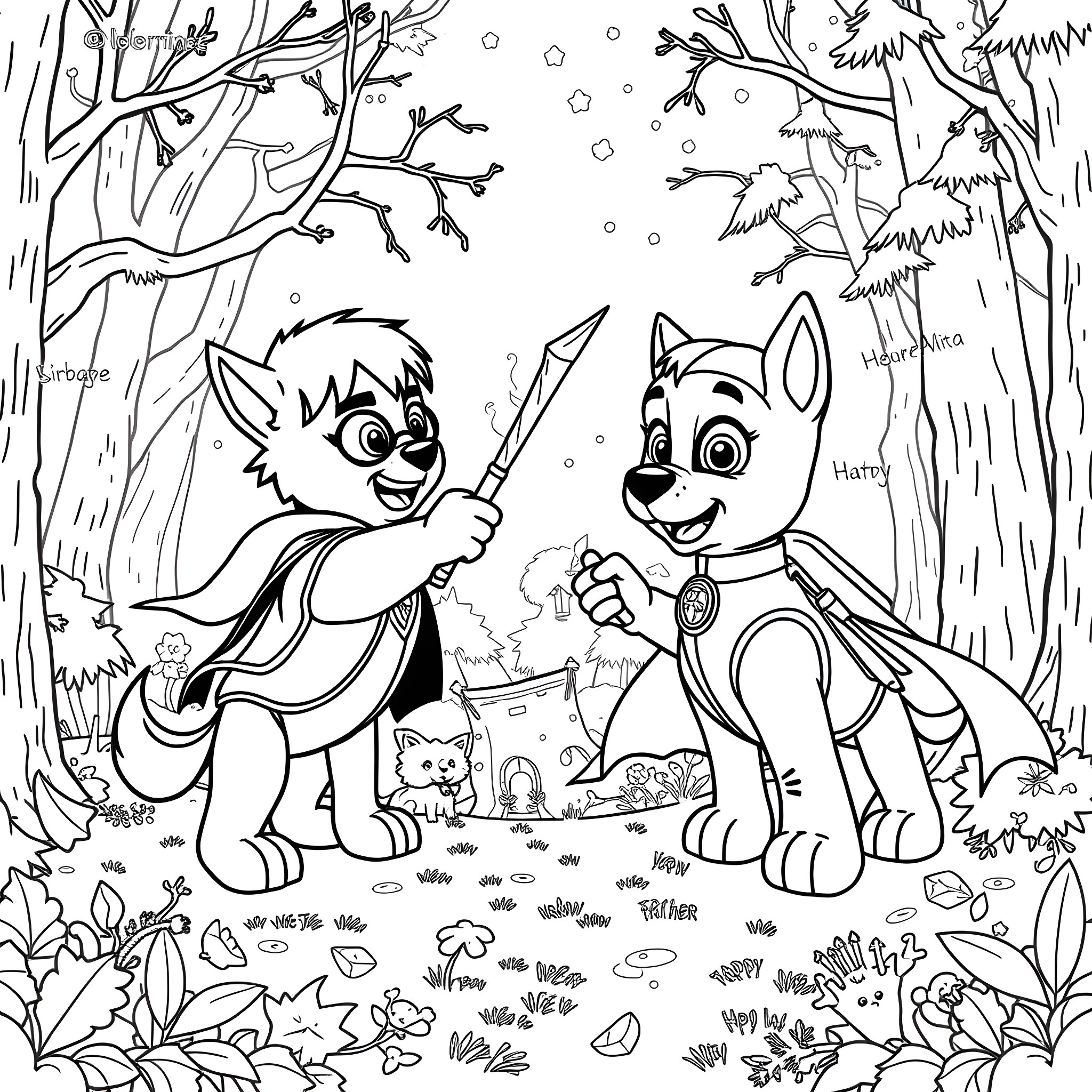 Paw Patrol Adventure in the Snowy Forest Coloring Page (free black-and-white line drawing printable PDF for all, from beginners to advanced learners, including children, teens, adults, and seniors)
