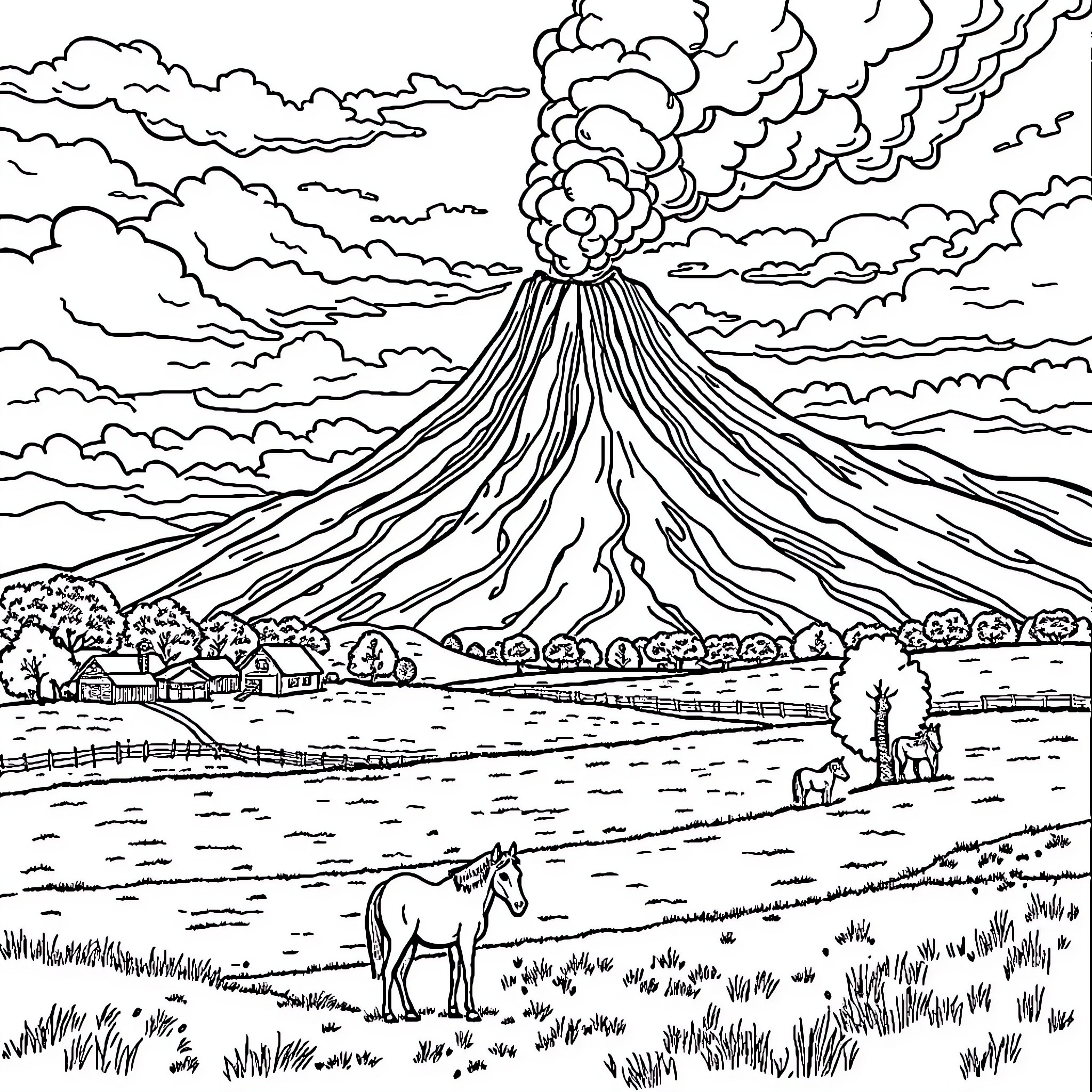 Horse in Volcanic Eruption Landscape Coloring Page (free black-and-white line drawing printable PDF for all, from beginners to advanced learners, including children, teens, adults, and seniors)