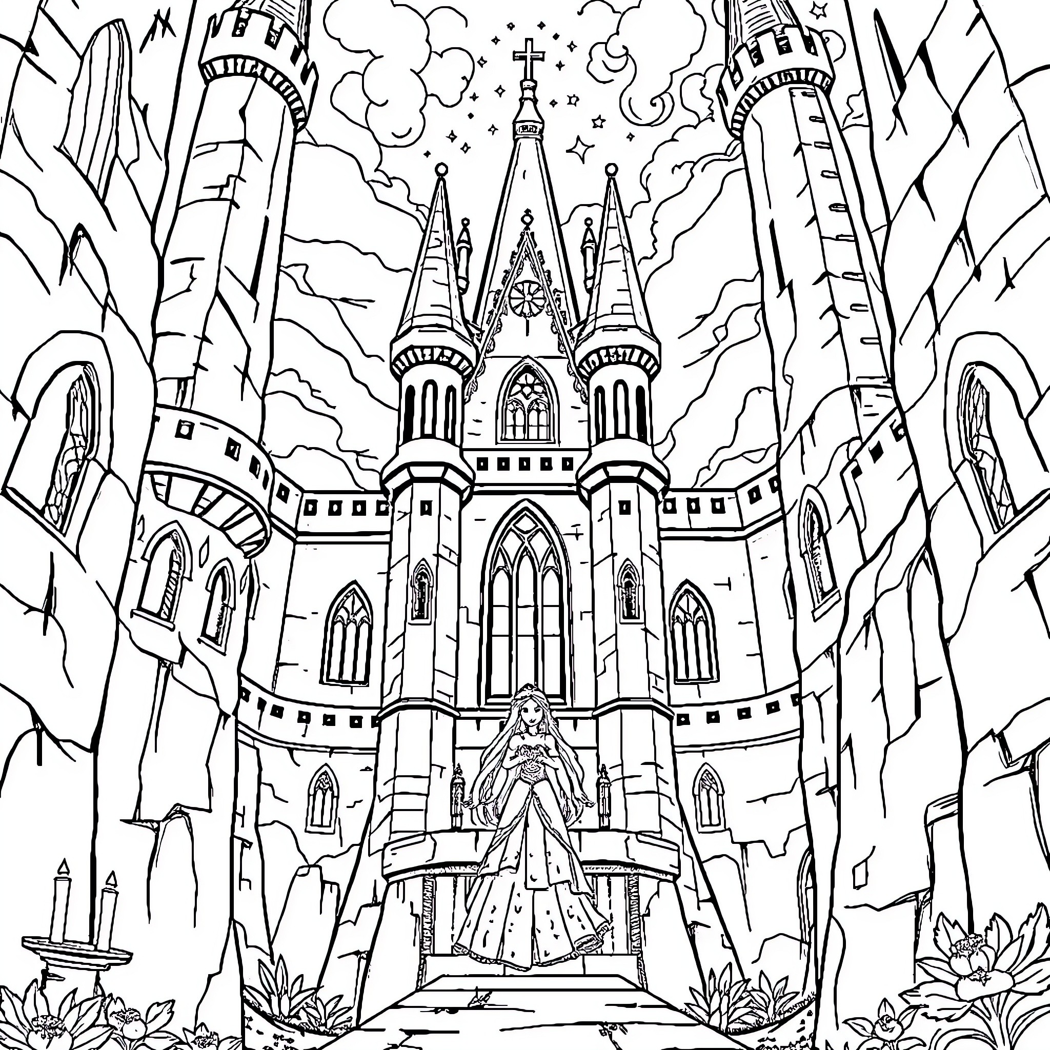 Princess in Enchanted Castle Coloring Page (free black-and-white line drawing printable PDF for all, from beginners to advanced learners, including children, teens, adults, and seniors)