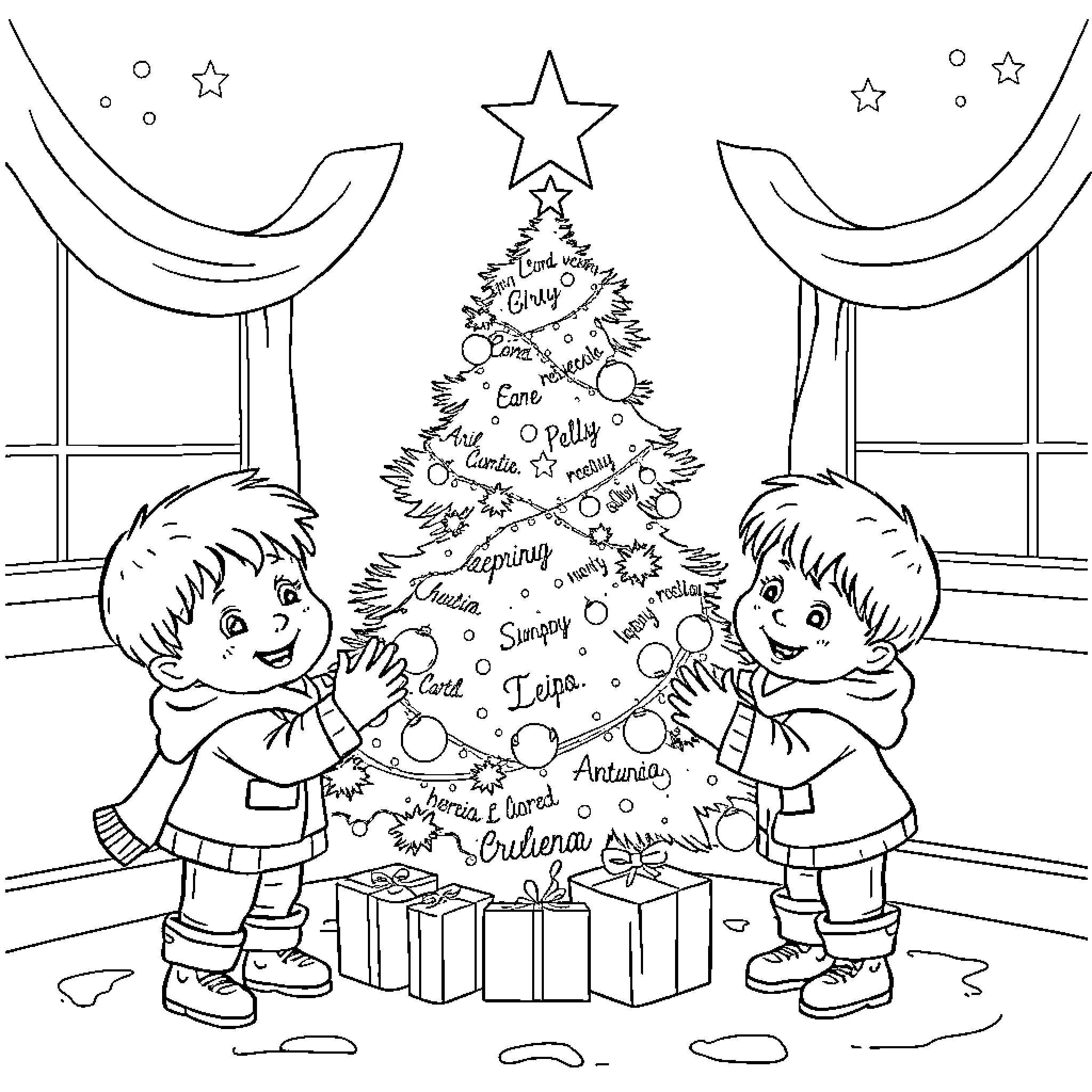Christmas Tree with Decorations and Children Coloring Page (free black-and-white line drawing printable PDF for all, from beginners to advanced learners, including children, teens, adults, and seniors)