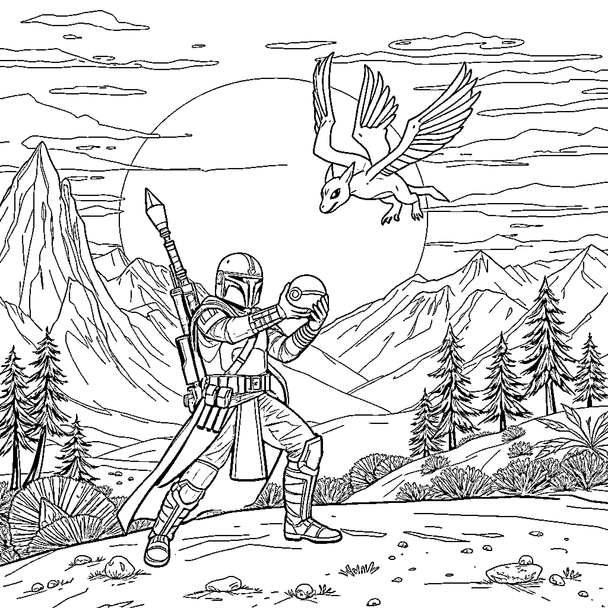 Mandalorian warrior in the wilderness Coloring Page (free black-and-white line drawing printable PDF for all, from beginners to advanced learners, including children, teens, adults, and seniors)