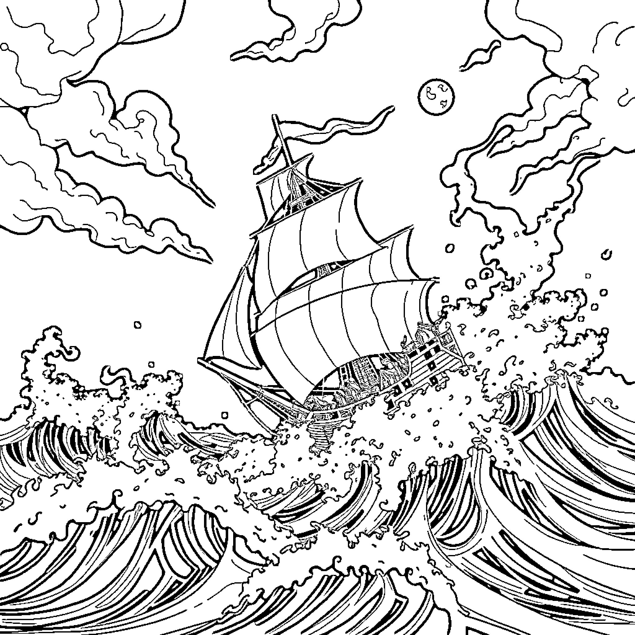 Pirate Ship Navigating Stormy Seas Coloring Page (free black-and-white line drawing printable PDF for all, from beginners to advanced learners, including children, teens, adults, and seniors)