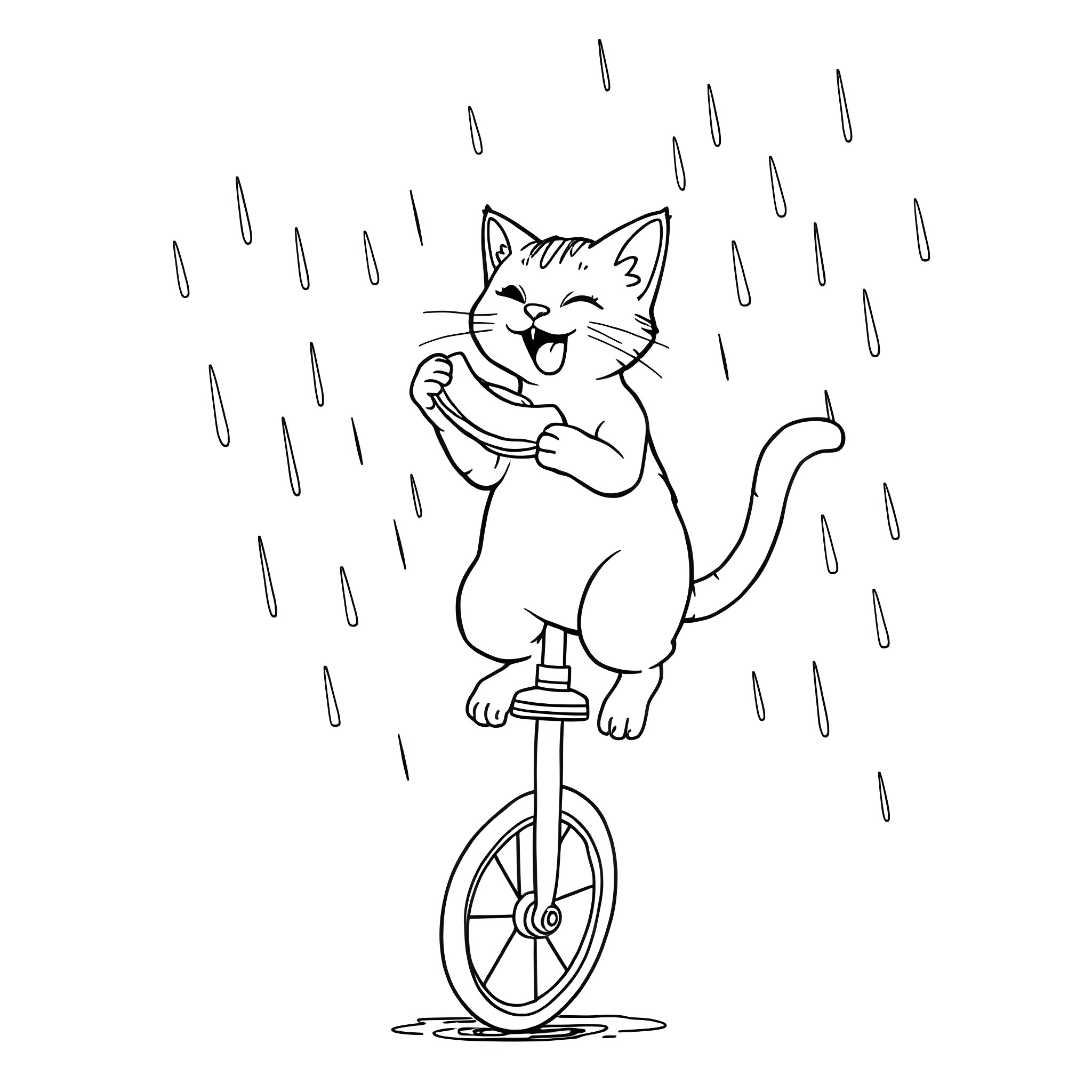 Cat riding unicycle in the rain Coloring Page (free black-and-white line drawing printable PDF for all, from beginners to advanced learners, including children, teens, adults, and seniors)