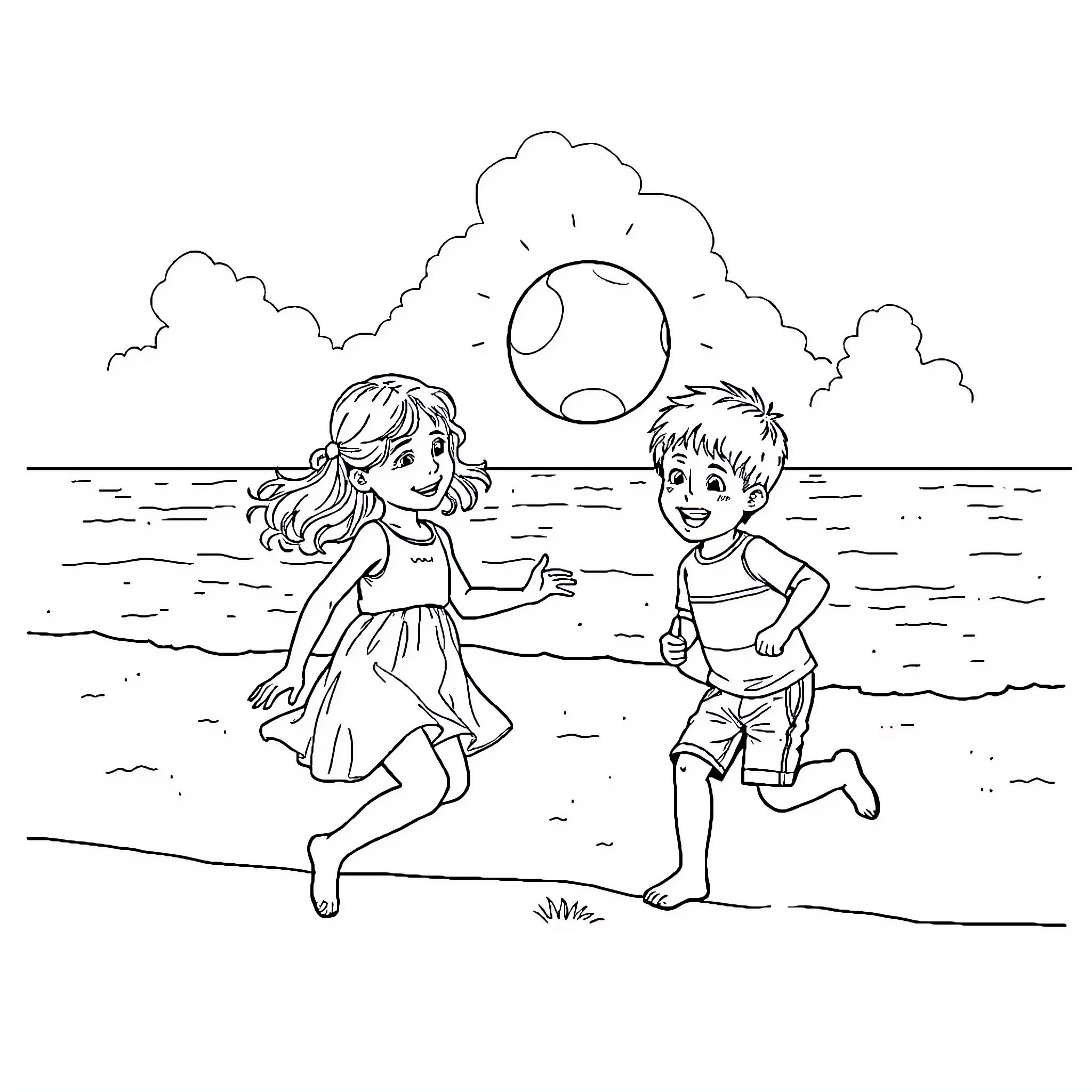 Child playing with ball on the beach Coloring Page (free black-and-white line drawing printable PDF for all, from beginners to advanced learners, including children, teens, adults, and seniors)