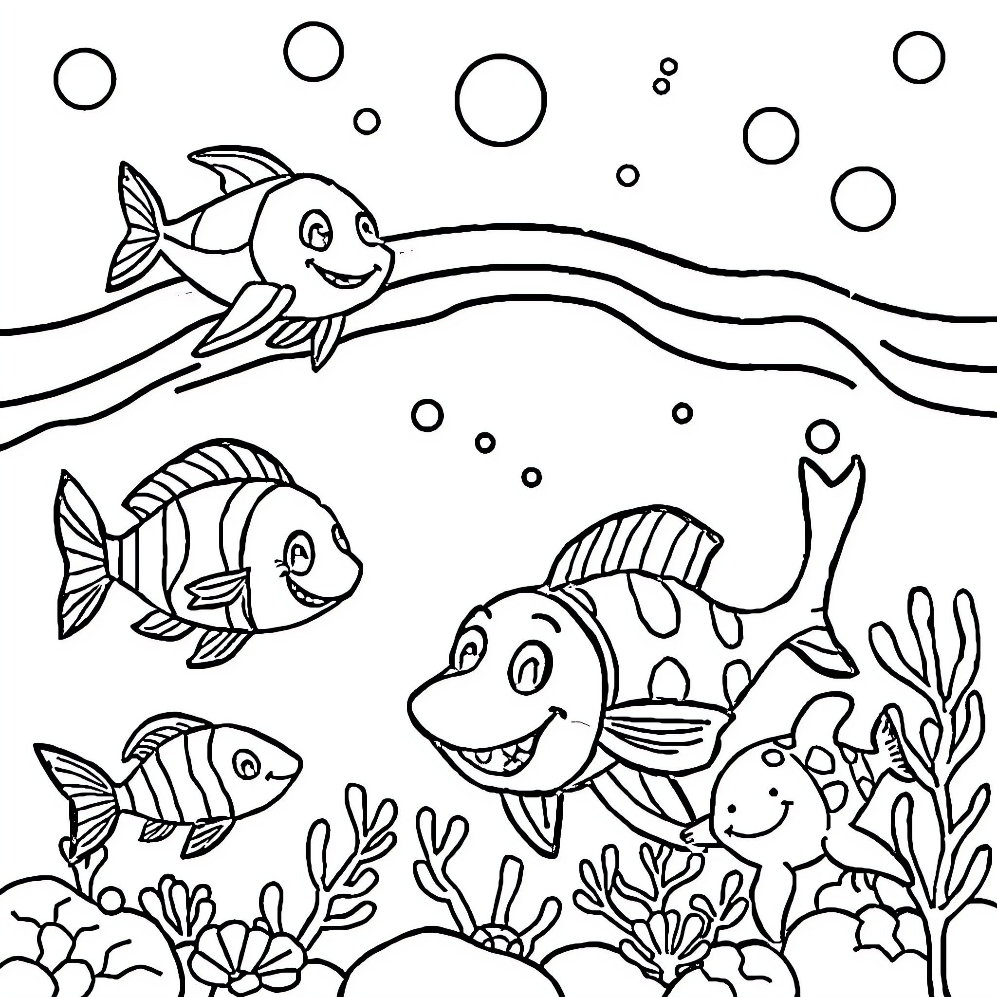 Sea Animals Exploring the Underwater World Coloring Page (free black-and-white line drawing printable PDF for all, from beginners to advanced learners, including children, teens, adults, and seniors)